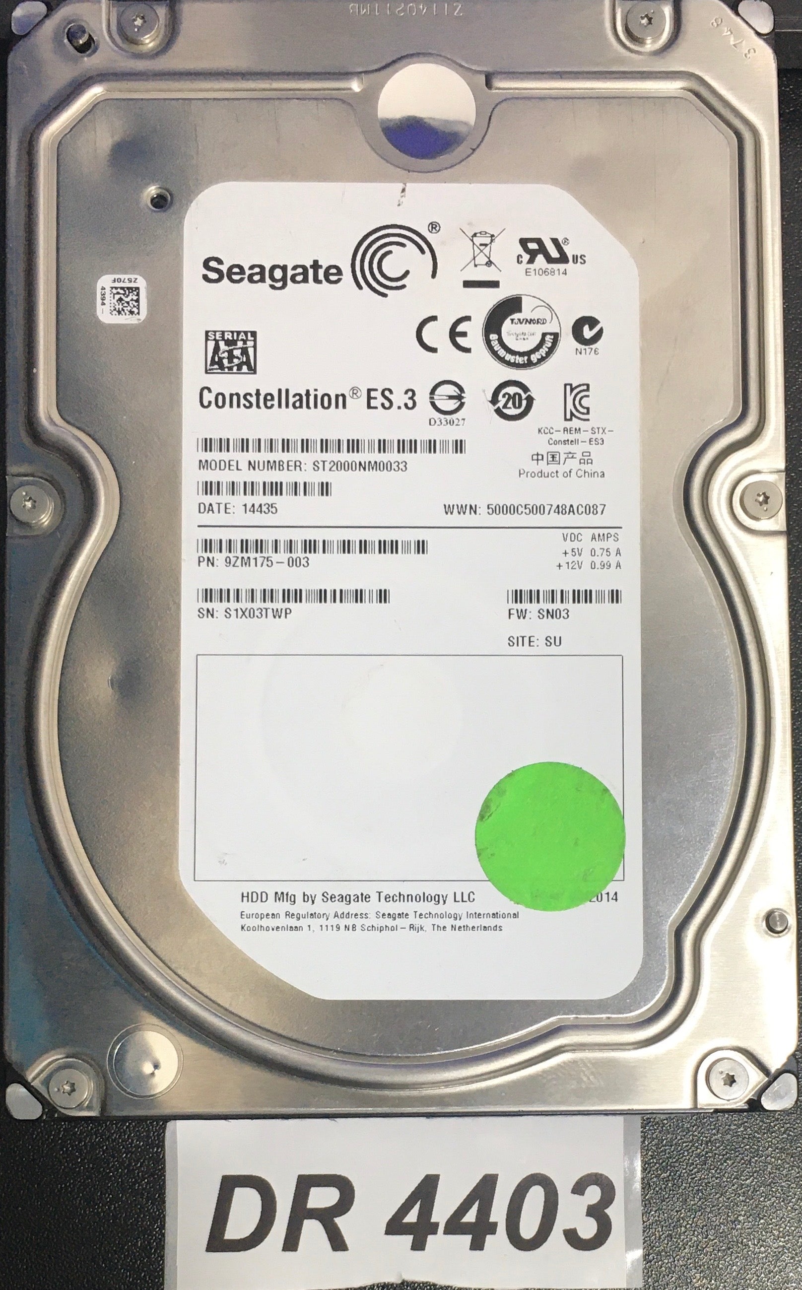 ST2000NM0033,  P/N: 9ZM175'003,  FW: SN03,  Serial: S1X03TWP,  2000GB 3.5,  PCB:100706000- REV C,