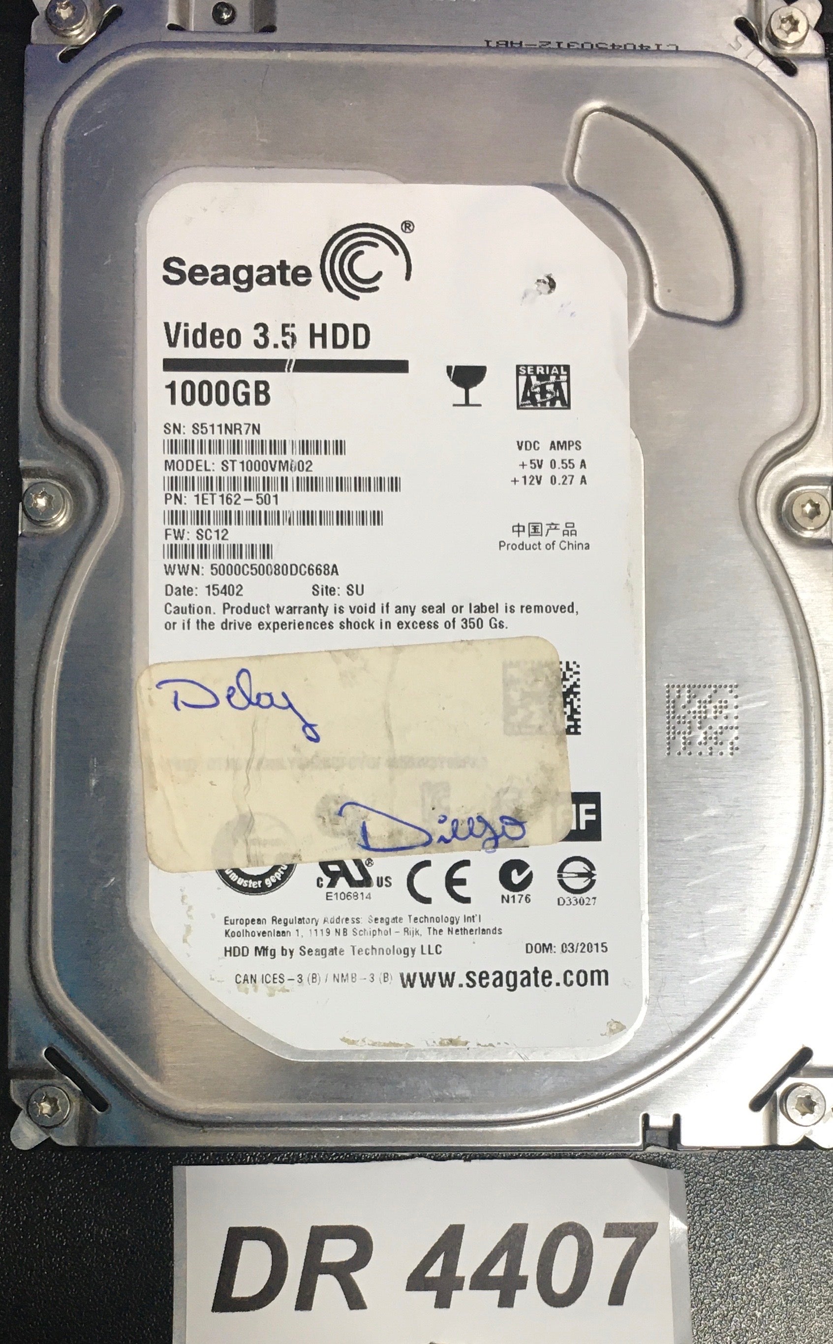 ST1000VM002 P/N:  1ET162-501  FW:SC12 Serial Number: S511NR7N  1000GB 3.5  PCB: 100724095 REV A