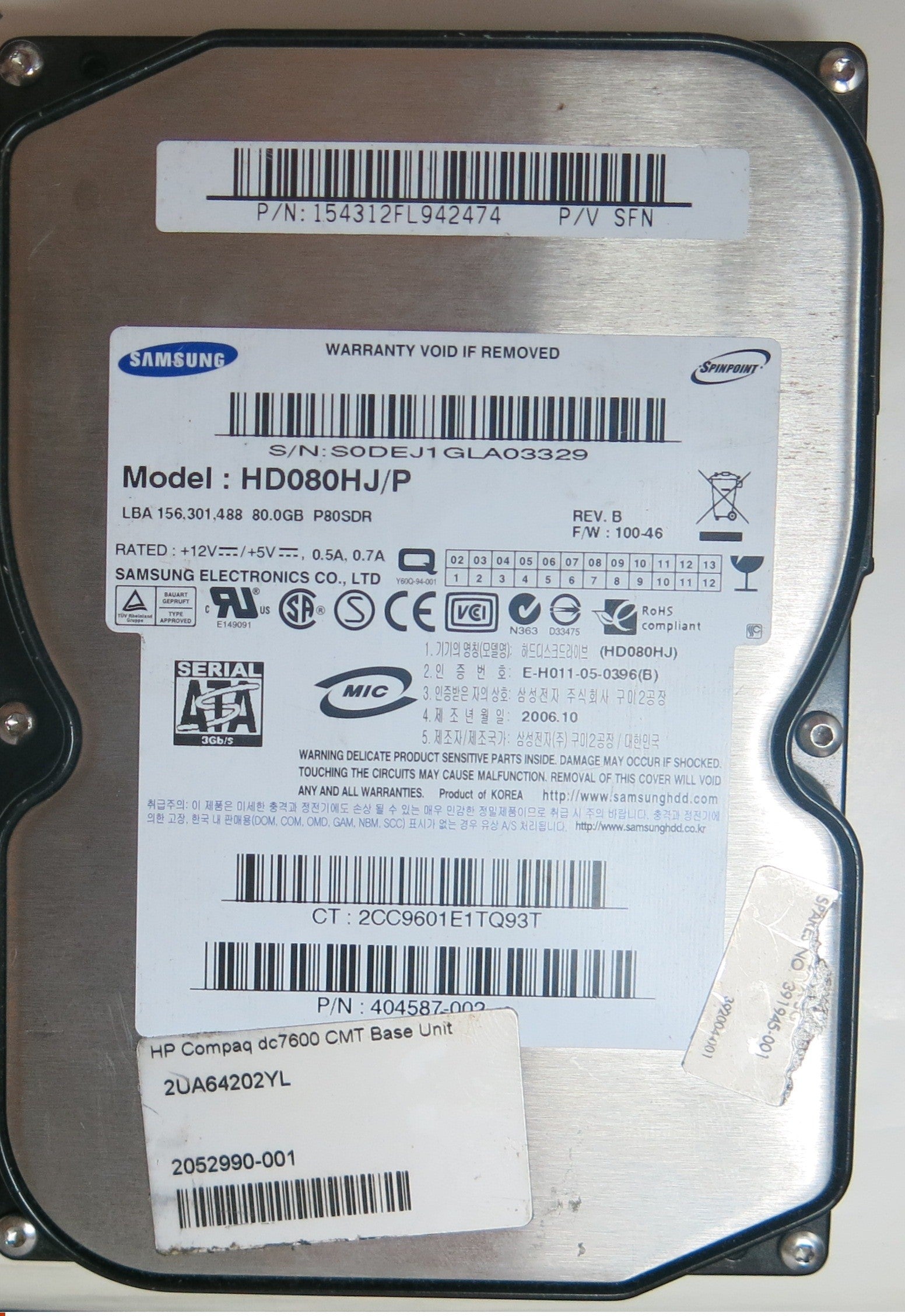 HD080HJ/P PCB: BF41-00108A SERIAL NUMBER:  S0DEJ1GLA03329  FW S0DEJ1GLA03329 100-46 80GB