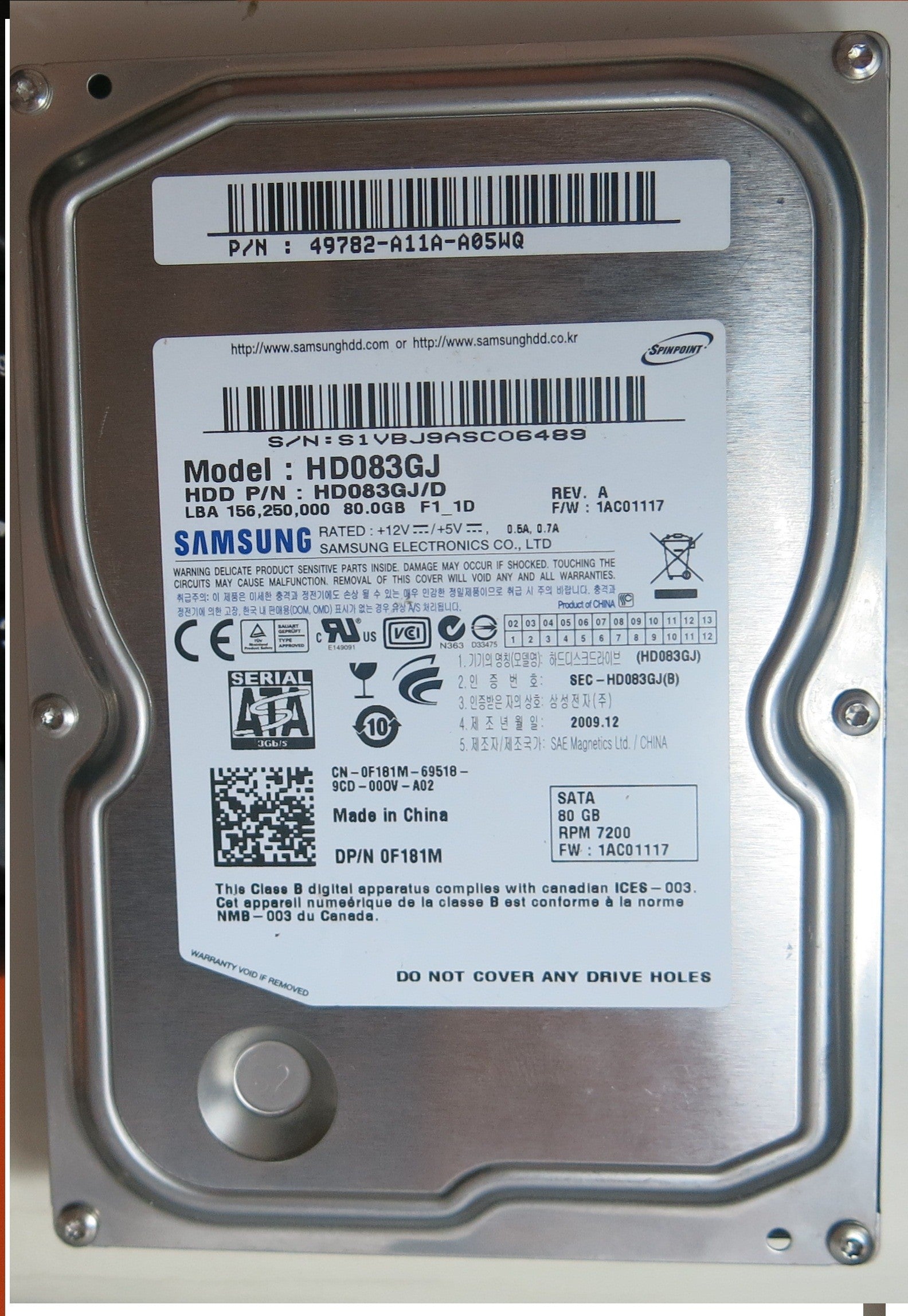 HD083GJ  PCB: BF41-00204B R00 SERIAL NUMBER: S1VBJ9ASC06489 FW S1VBJ9ASC06489 1AC01117 80 GB