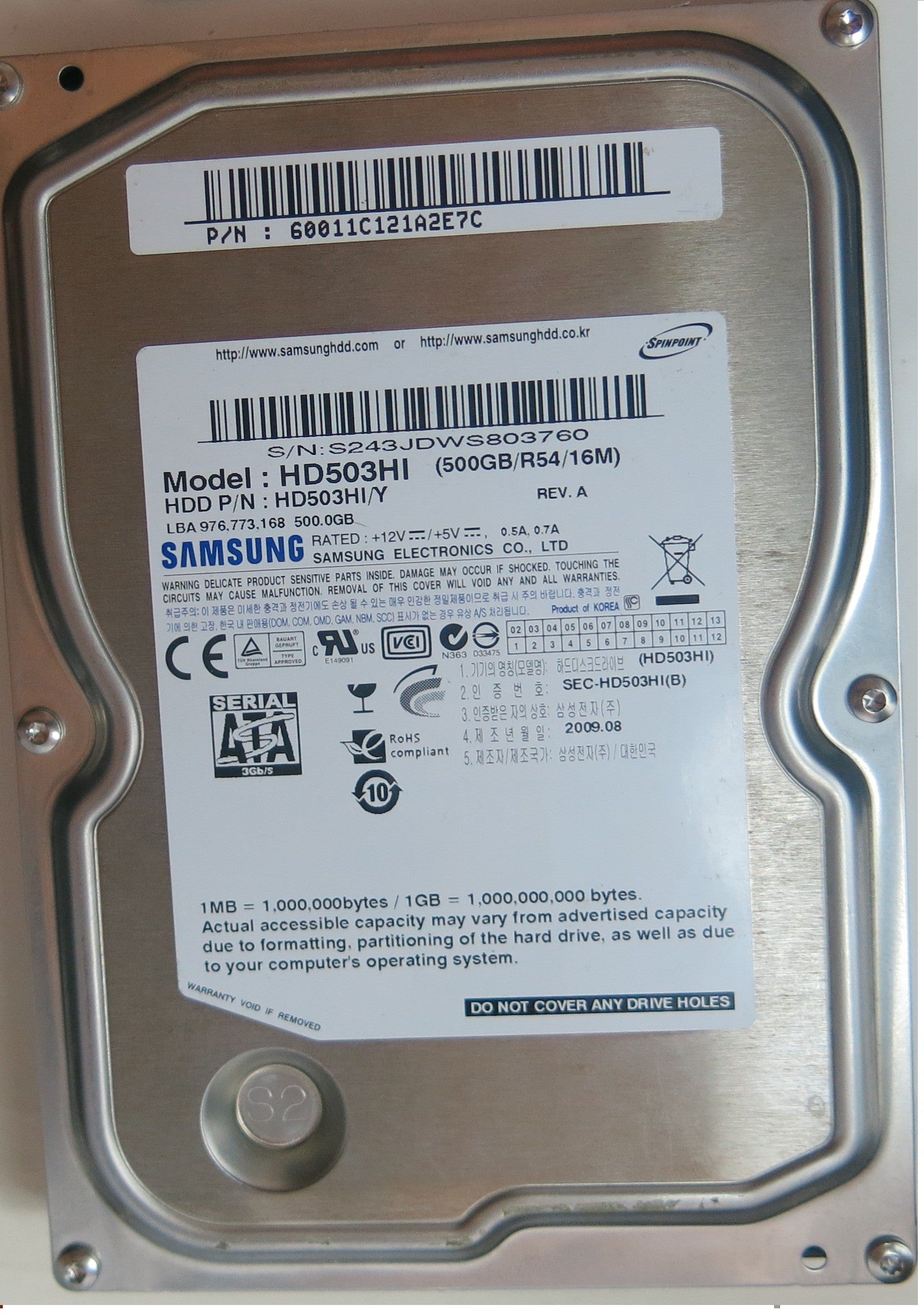 HD503HL,  Serial Number:S243JDWS803760,  500GB 3.5,     PCB:BF41-00263A 02