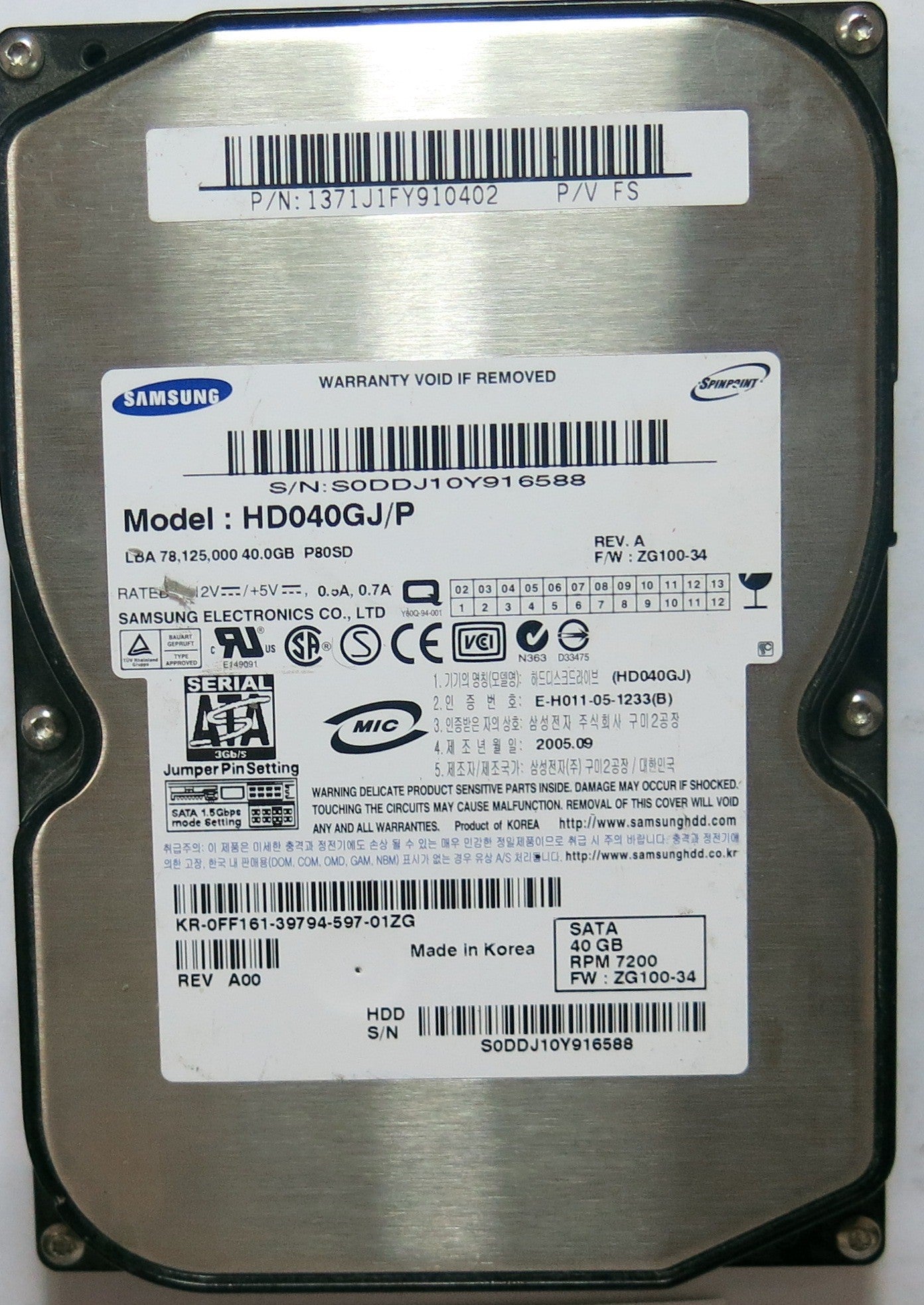 SAMSUNG HD040GJ/P PN 1371J1FY910402FW ZG100-34 40,GB