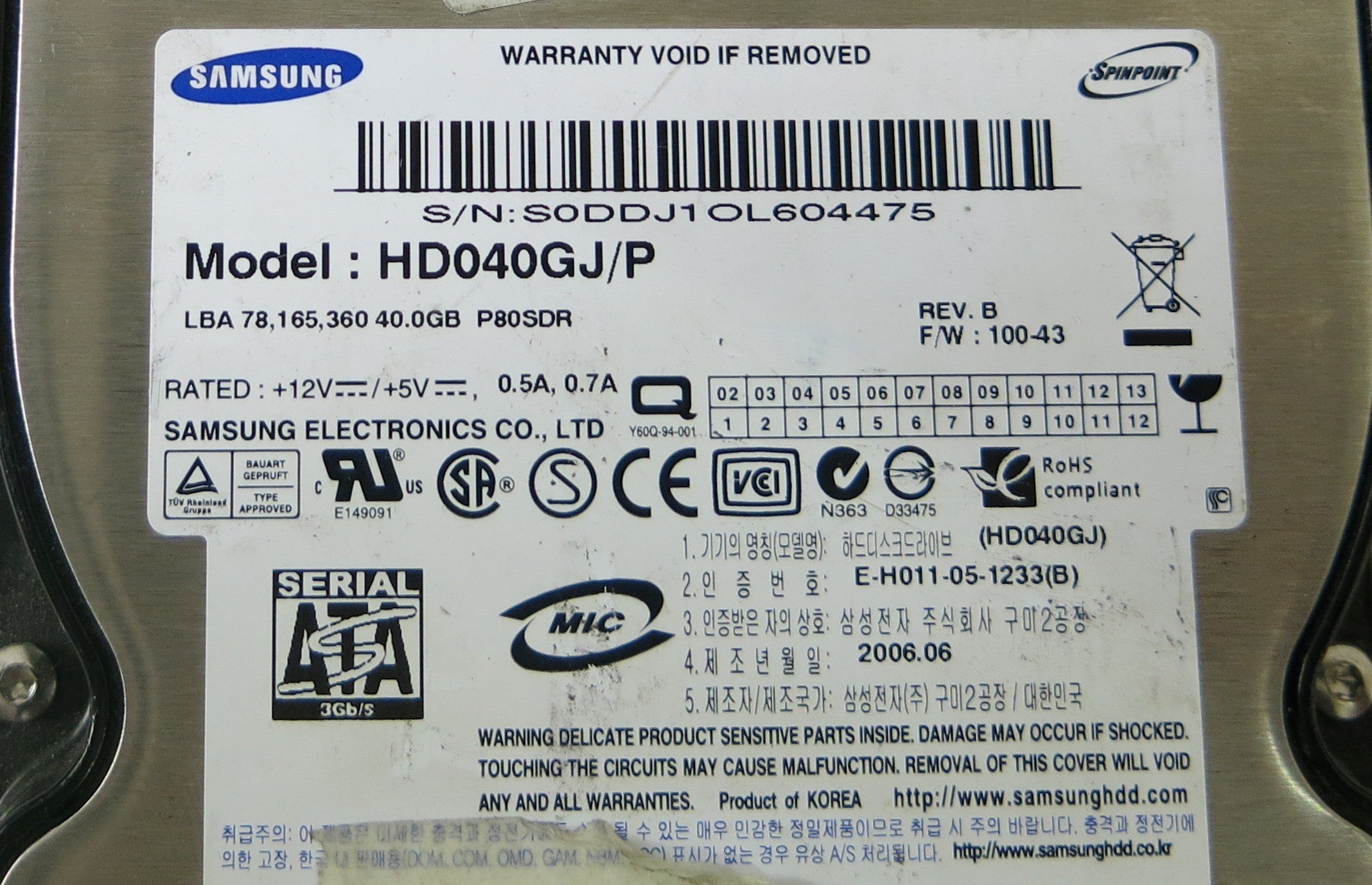 SAMSUNG HD080HJ/P F/W 100-43 BF41-00108A PCB
