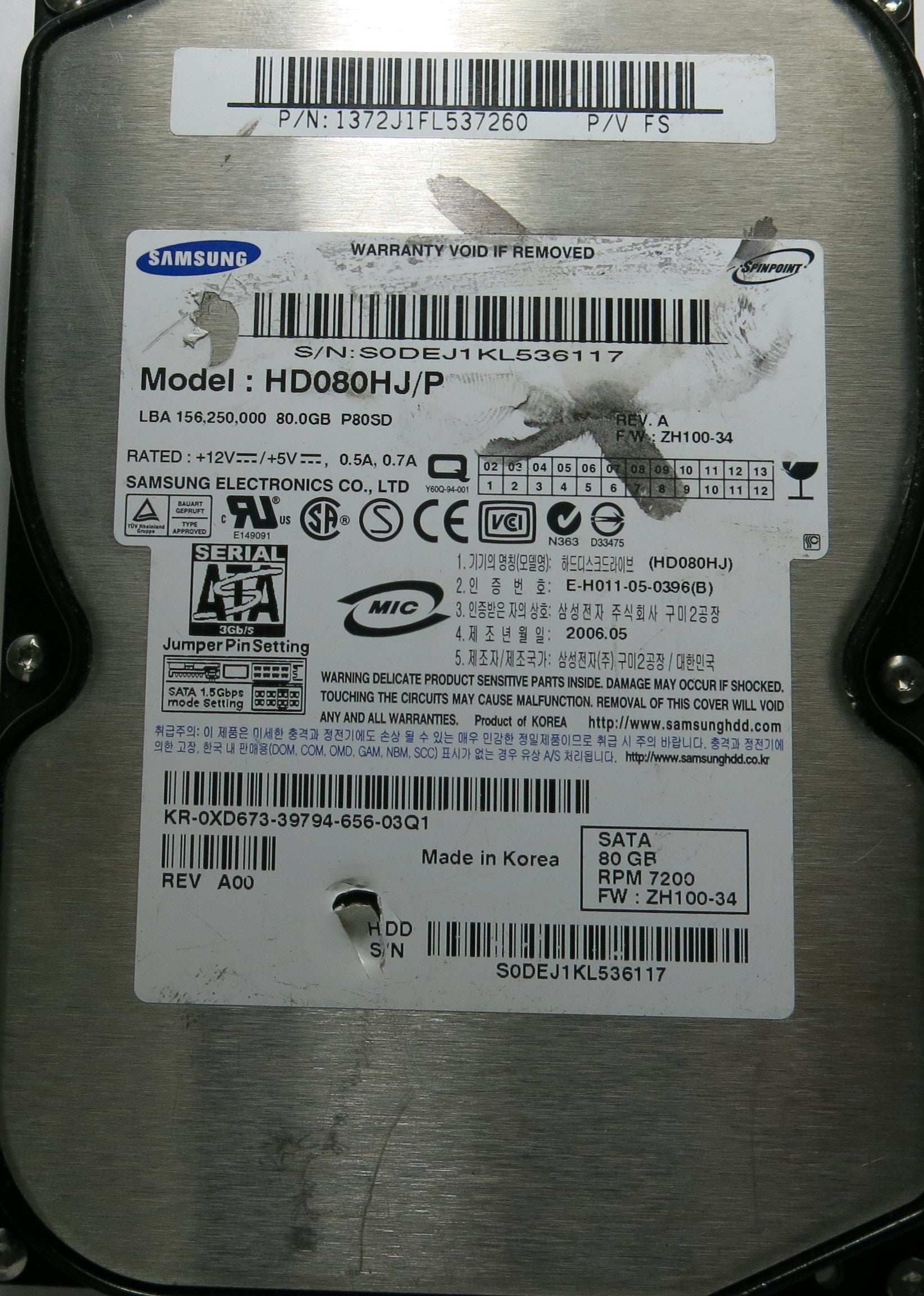 SAMSUNG HD080HJ/P FW ZH100-35 P/N 1372J1FL537260 BF41-00108A PCB
