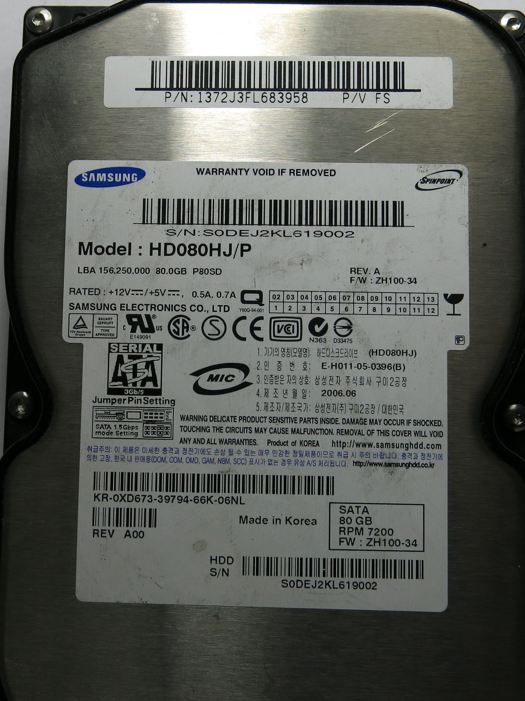 SAMSUNG HD080HJ/P P/N 1372J3FL683958 BF41-00108A FW ZH100-34