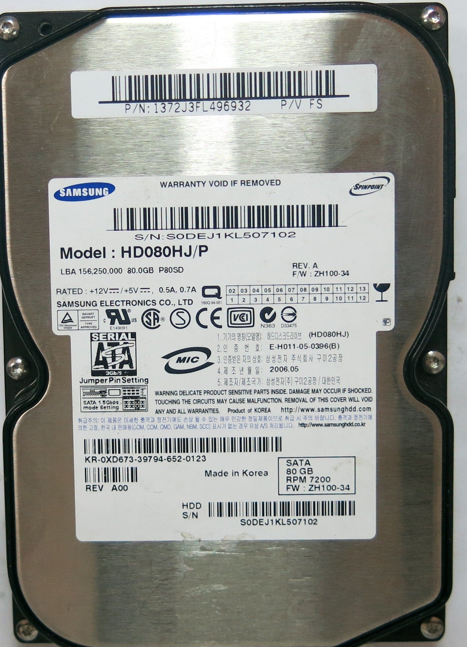 HD080HJ/P PCB: BF41-00108A SERIAL: S0DEJ1KL507102 PN 1371J1FY910402  FW: ZG100-34 80,GB