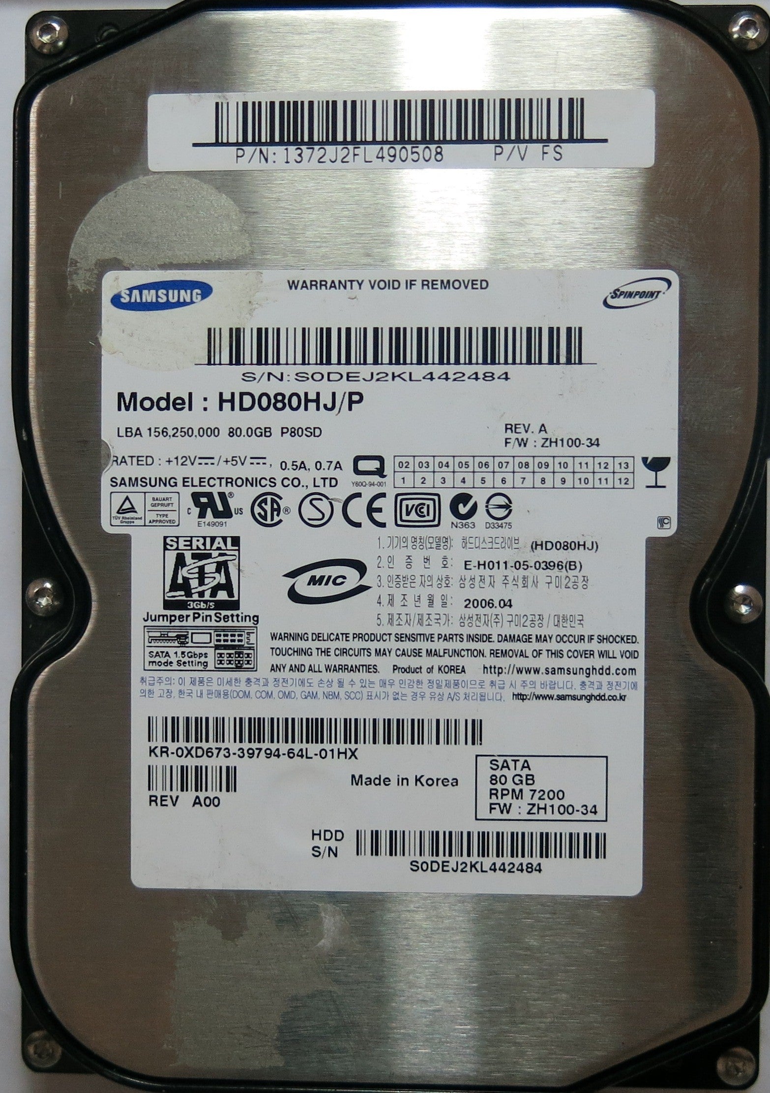 SAMSUNG HD080HJ/P  PN 1372J2FL490508FW ZH100-34 80,GB