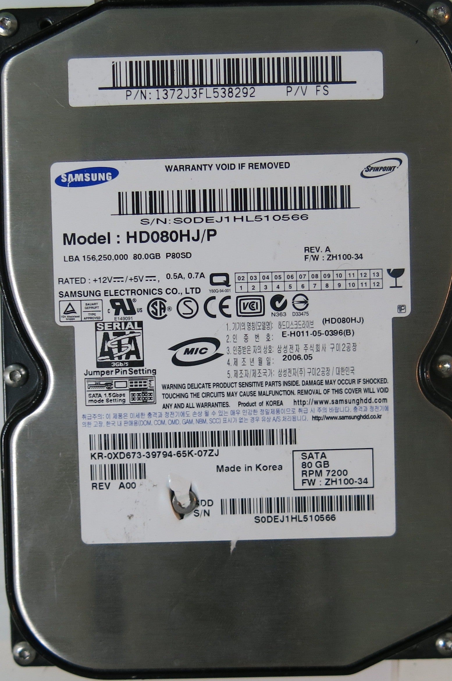 HD080HJ /P PCB: BF41-00108A SERIAL NUMBER: S0DEJ1HL510566 FW:ZH100-34 80GB