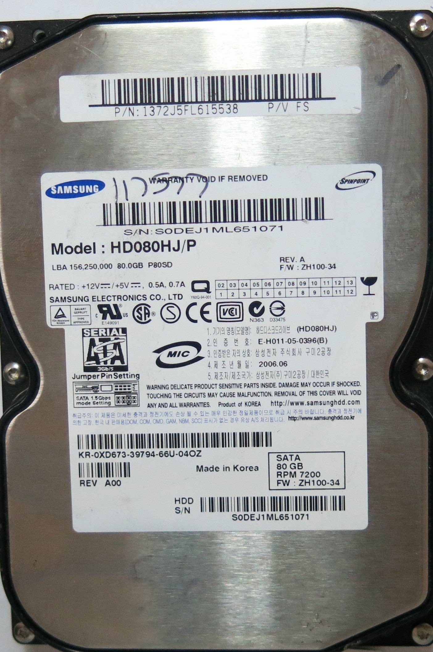 HD080HJ/P PCB: BF41-00108A SERIAL: S0DEJ1ML651071 FW: ZH100-34 PN 1372J5FL615538  80,GB