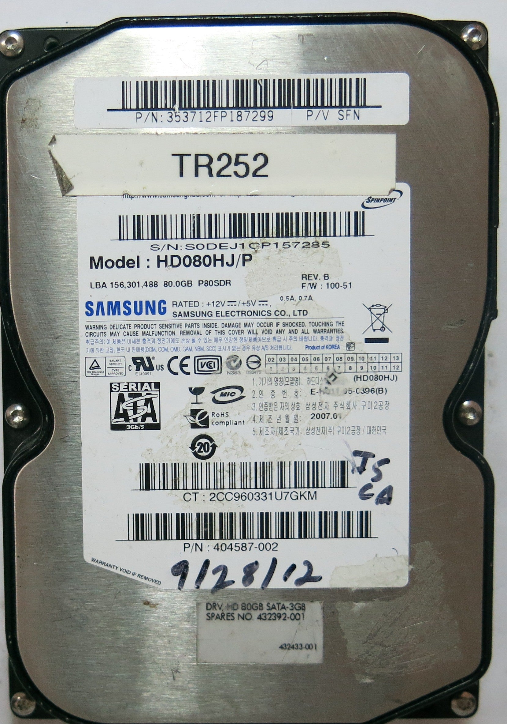 HD080HJ/P PCB: BF41-00108A SERIAL: S0DEJ1CP157285 FW: 100-51 PN 353712FP187299   80,GB