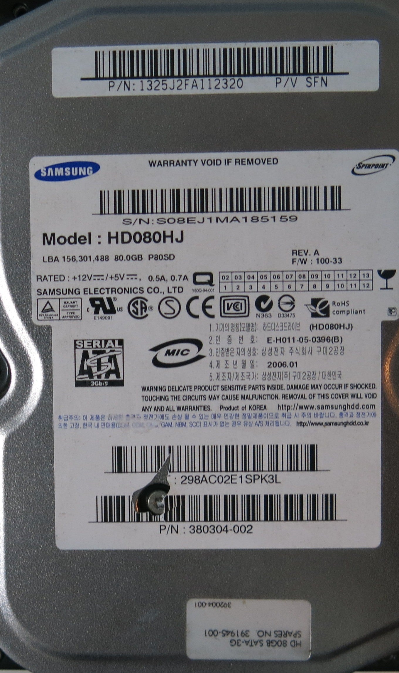 HD080HJ,  Serial:S08EJ1MA185159,  80GB 3.5,  PCB:BF41-00095A- REV A