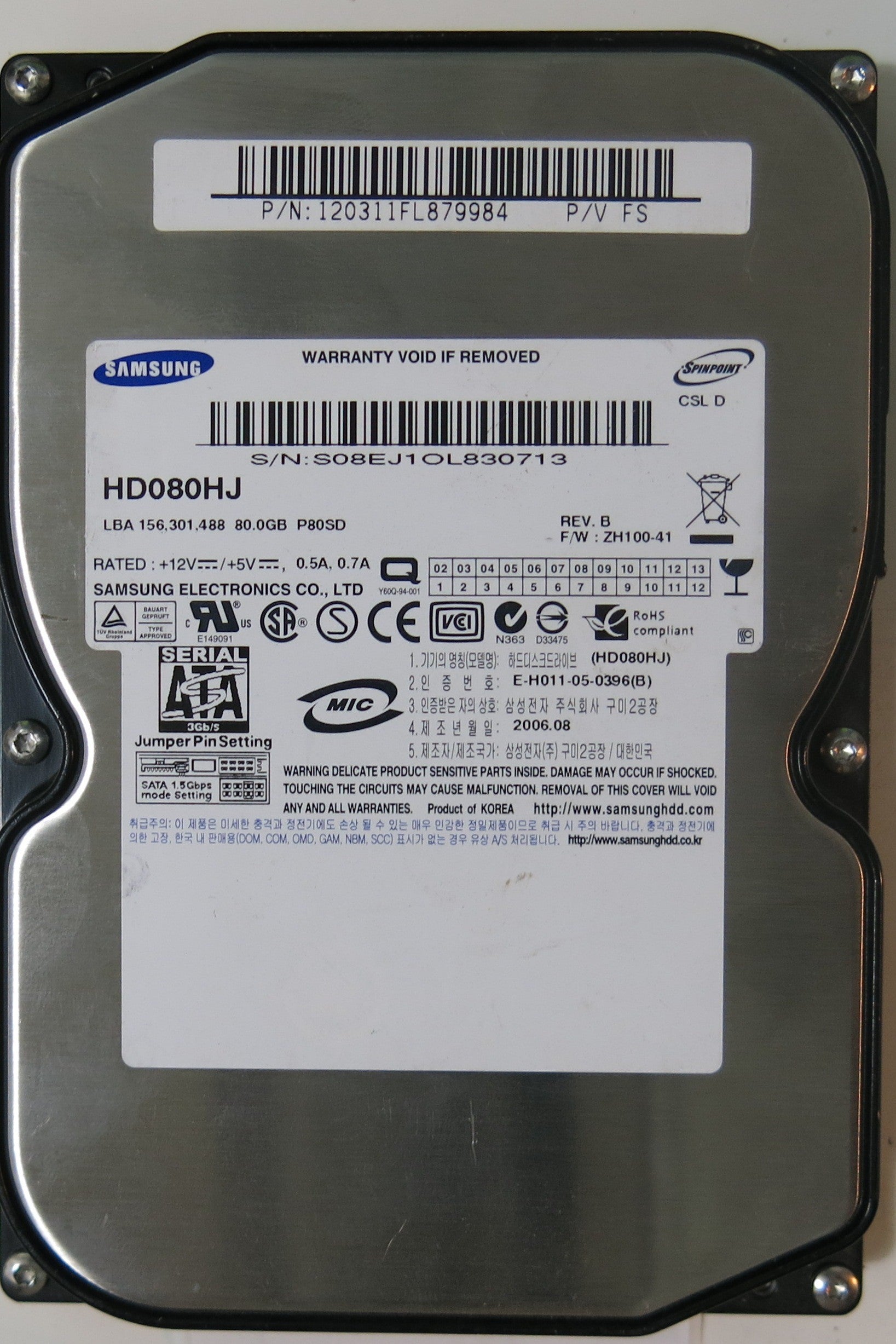 HD080HJ PCB: BF41-00108A SERIAL NUMBER: S08EJ1OL830713 PN 120311FL879984 FW ZH100-41 80.GB