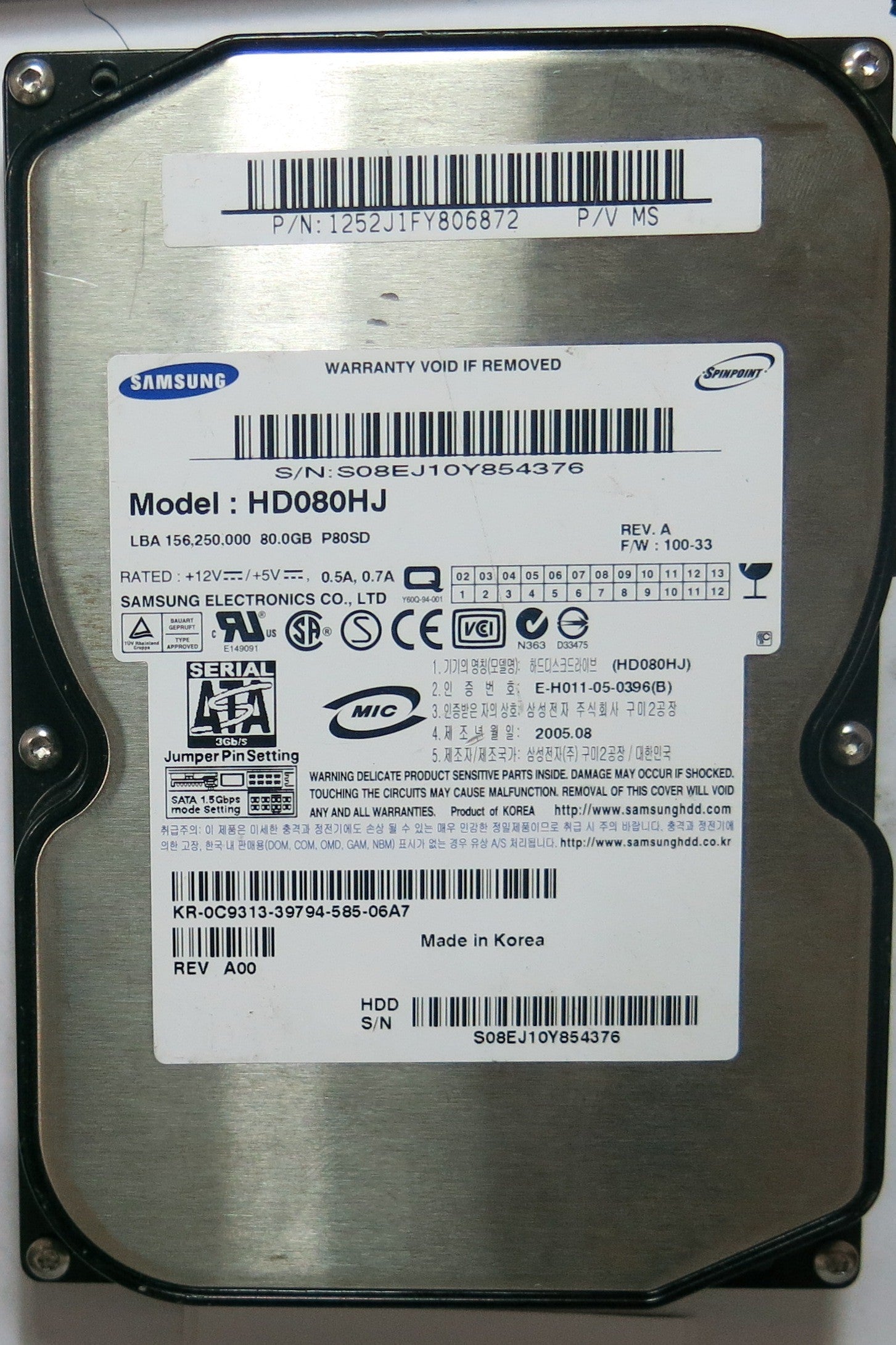 SAMSUNG HD080HJ PN 1252J1FY806872FW 100-33 80,GB