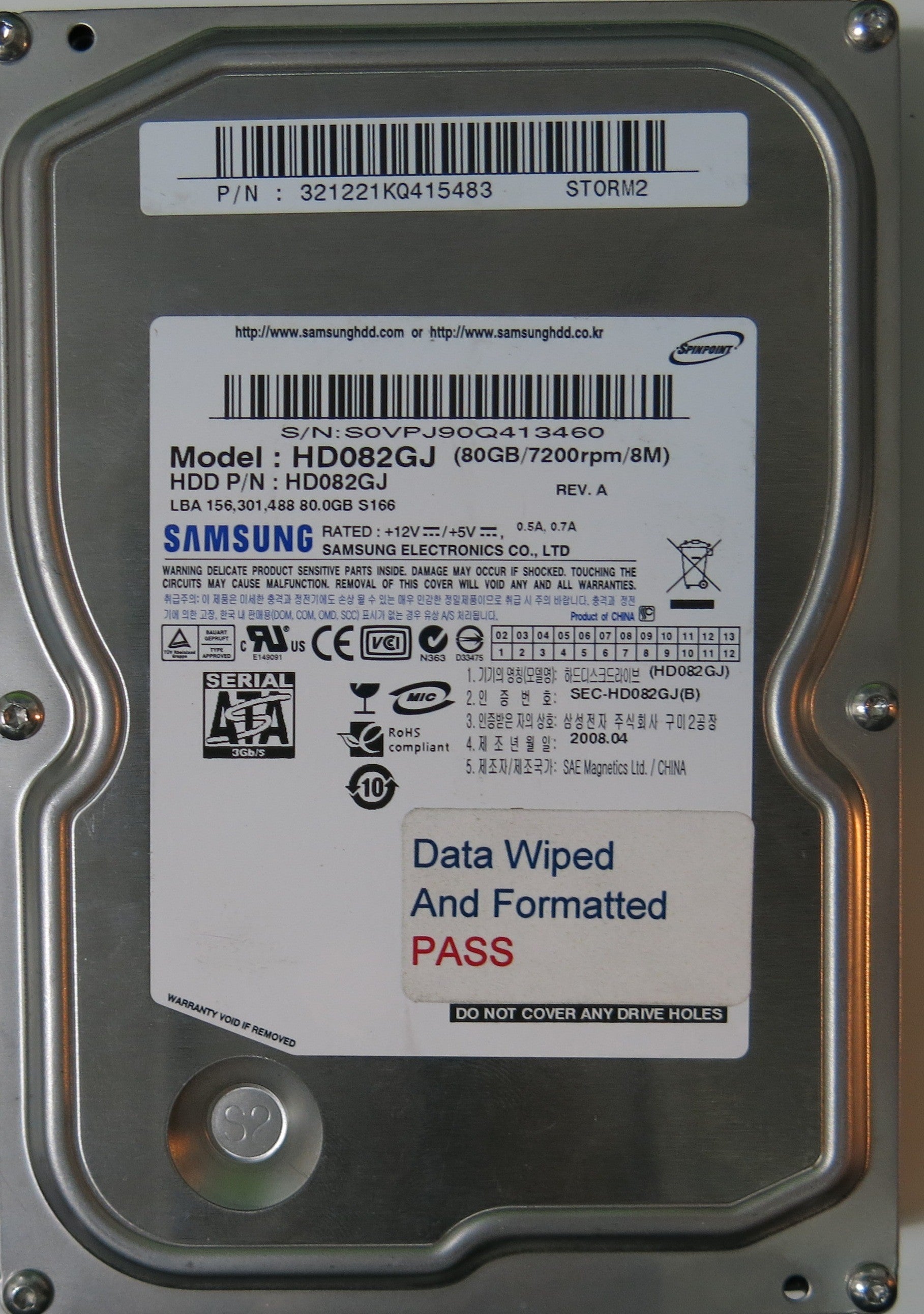 HD082GJ,  Serial:S0VPJ90Q413460,  80GB 3.5,  PCB:16222-044- REV A