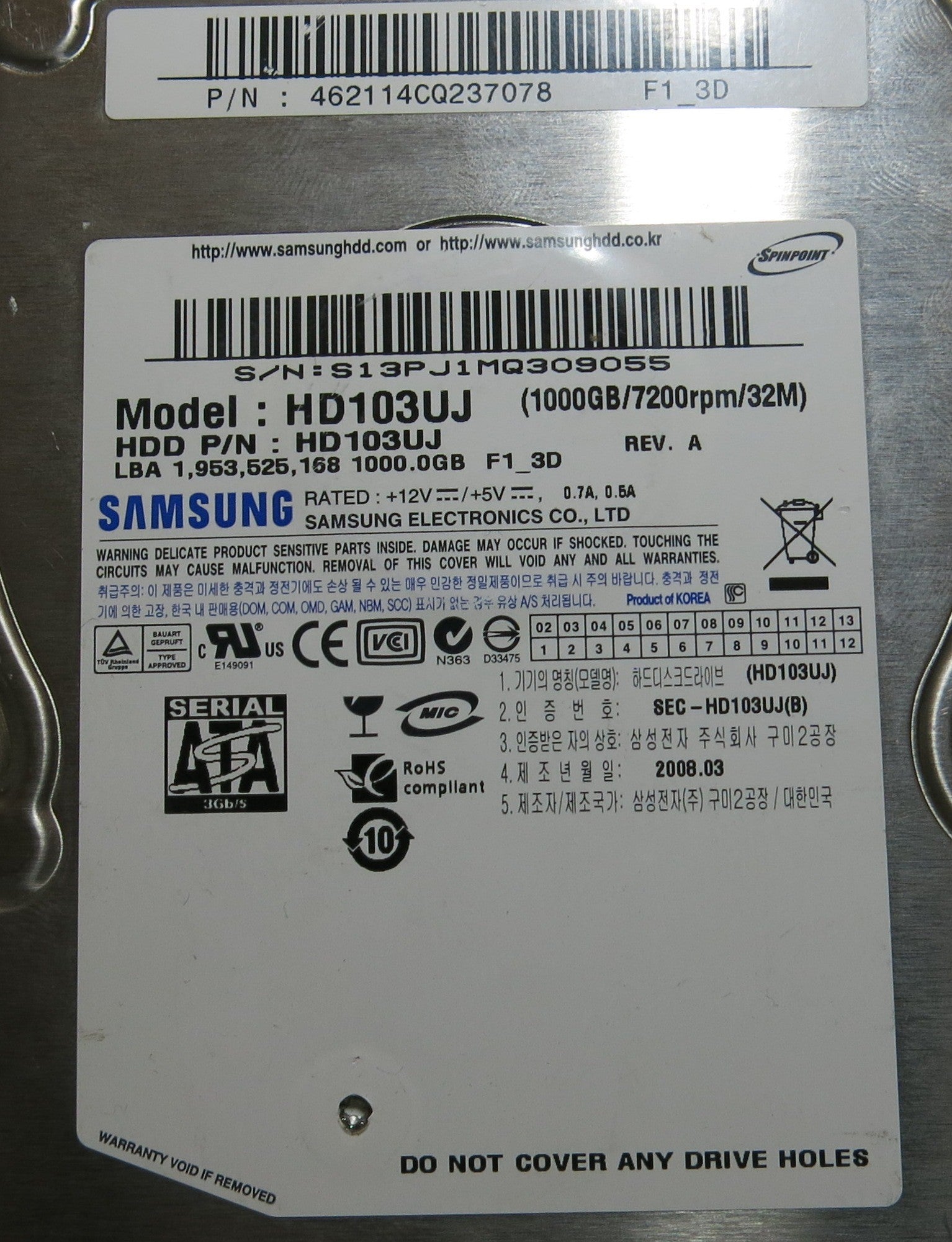 SAMSUNG HD103UJ HDD P/N HD103UJ BF41 00185A R00 PCB
