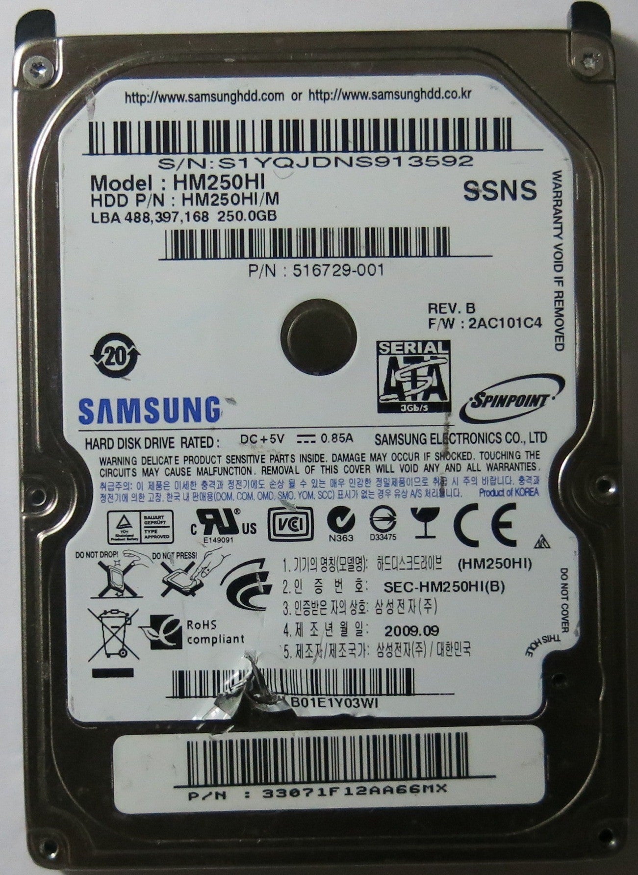 SAMSUNG HM250HI PN HM250HI/M BF41-00249 01 PCB