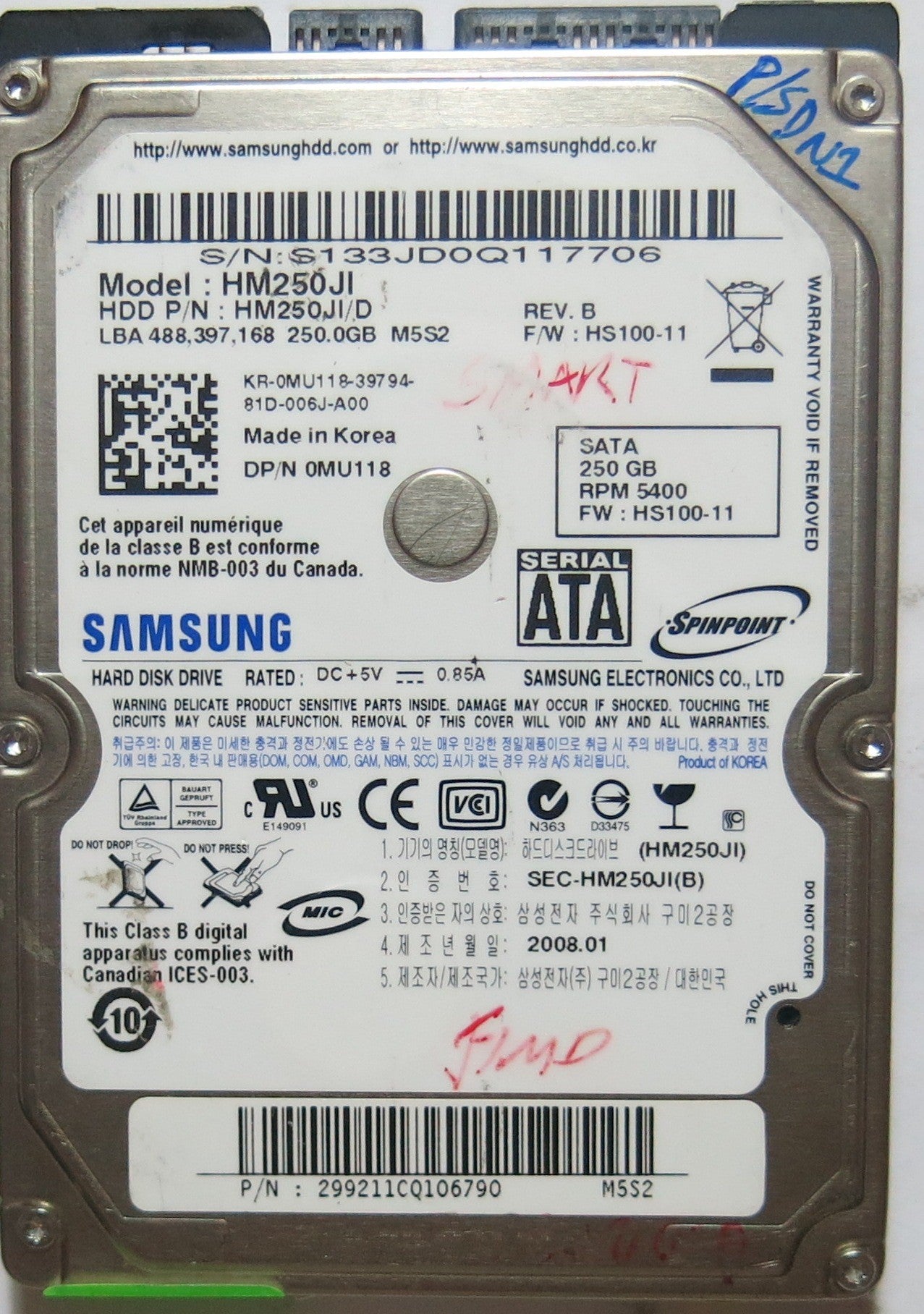 HM250JI, PCB: BF41-00157A R00, SERIAL: S133JD0Q117706, FW: HS100-11, 250,GB,