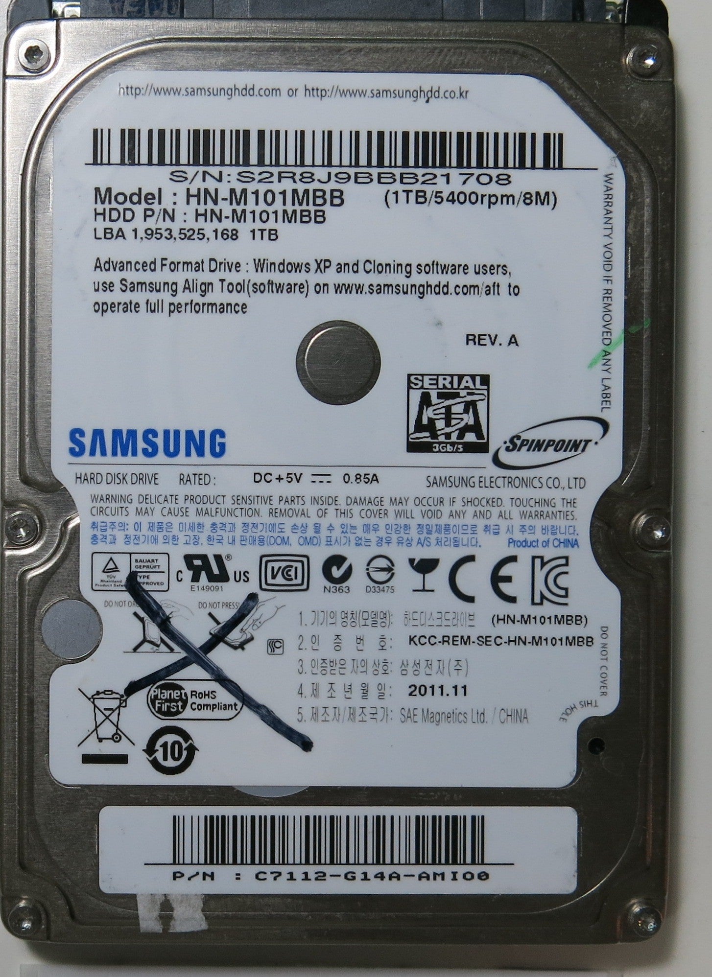 HN-M101MBB, SERIAL: S2R8J9BBB21708, 1.TB, PCB: BF41-00354A 00,