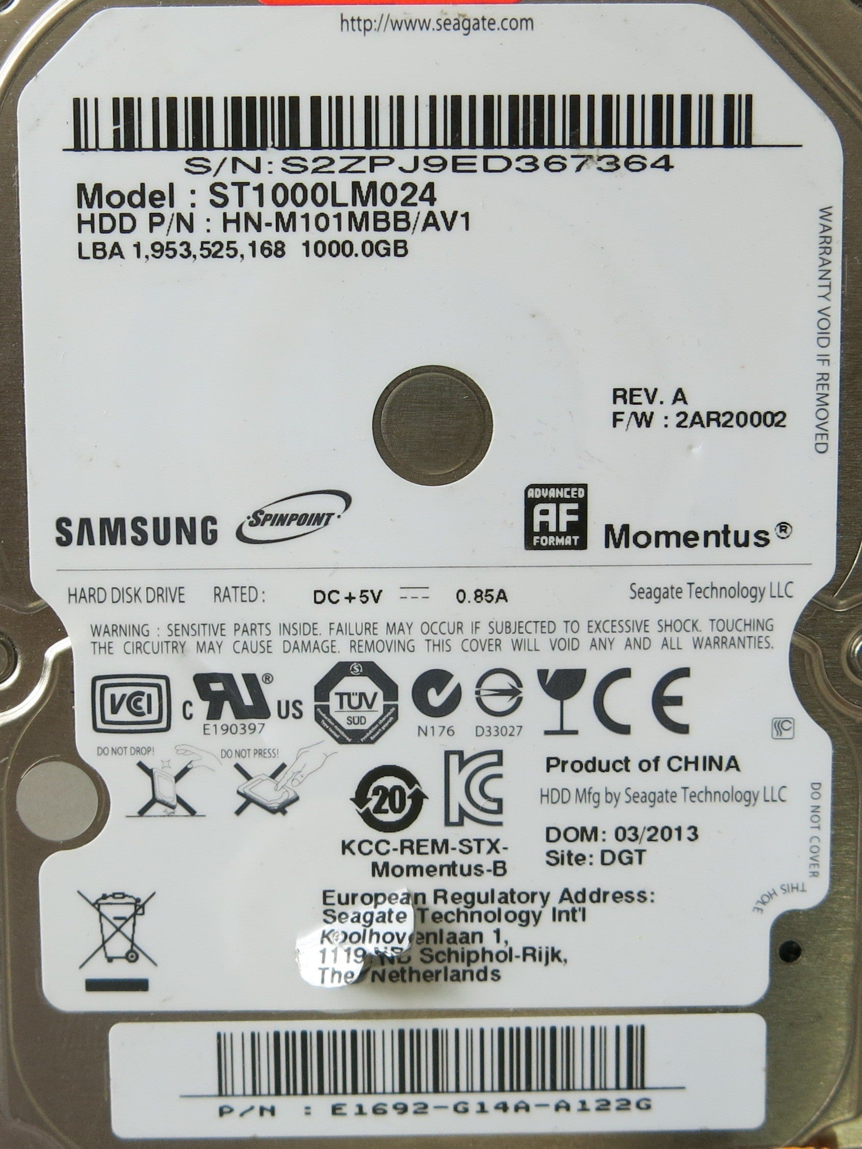 SAMSUNG ST1000LM024 P/N HN-M101MBB/AV1 PCB BF41-003548 01
