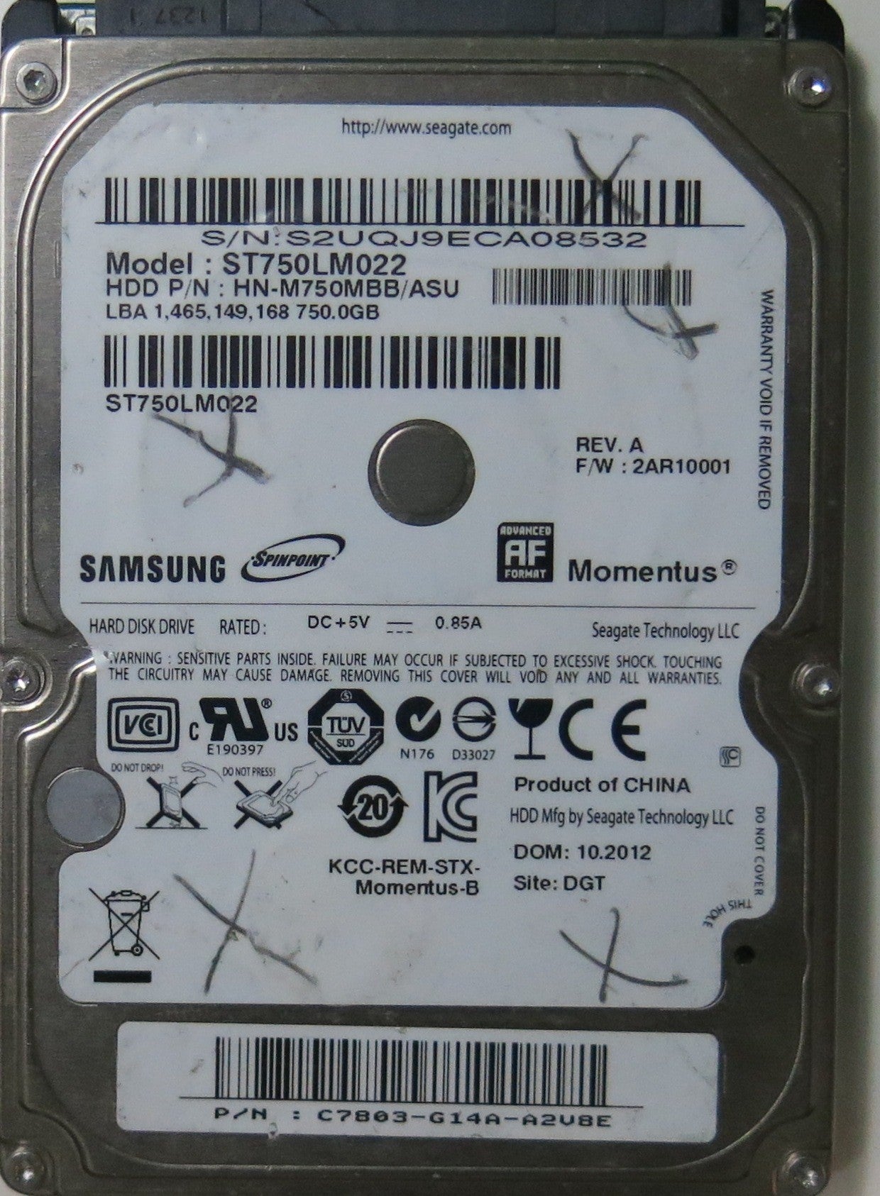 SAMSUNG ST750LM022 PN HN-M750MBB/ASUFW 2AR10001 750.GB
