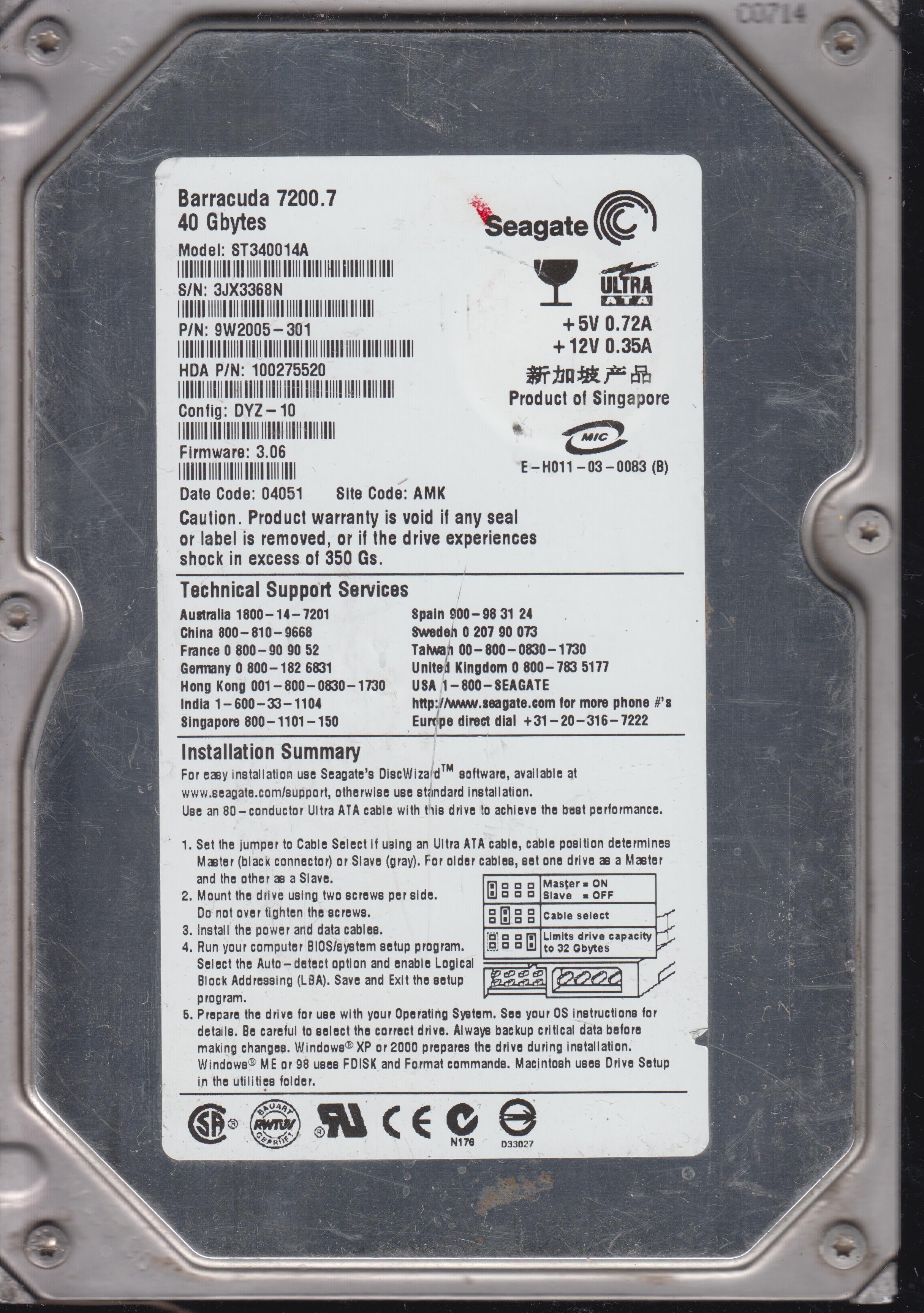 Model:ST340014A, PCB:100277706 , 40 GB 3.5, Serial Number: 3JX3368N, P/N:9W2005-301, FW 3.06