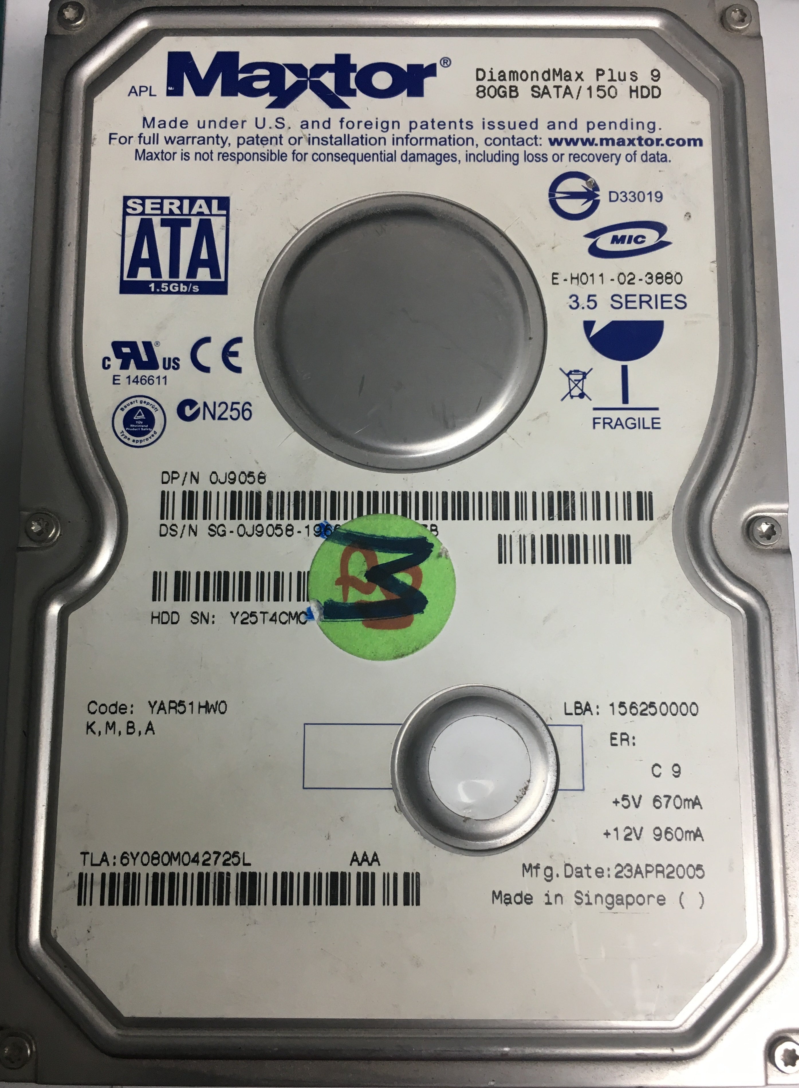 6Y080M042725L,  Serial:Y25T4CMC,  80GB 3.5,  PCB:301861101- REV A  For Sale donor hard driv