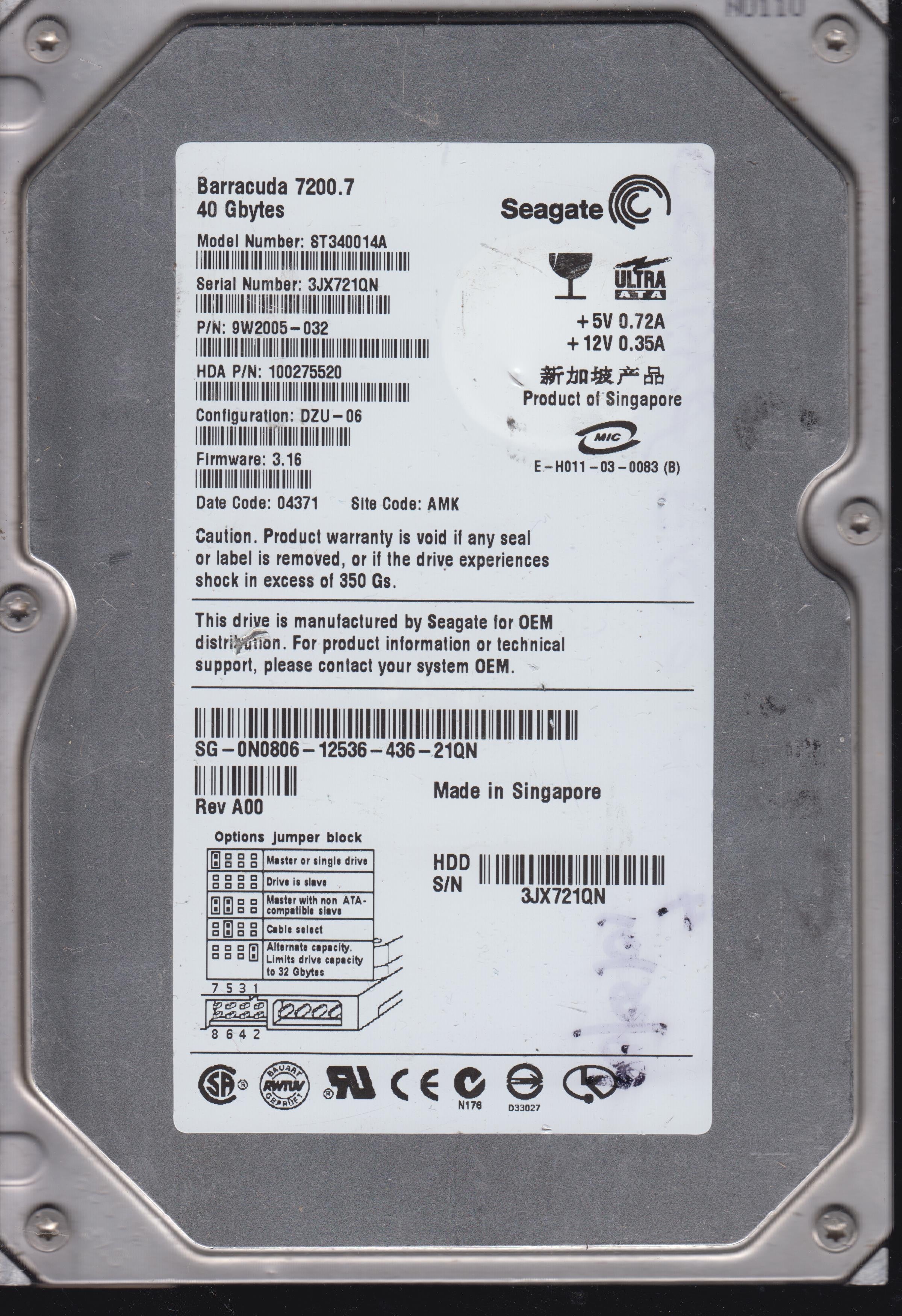 Model: ST340014A PCB:&nbsp;100282775 Serial Number:3JX721QN 40GB 3.5