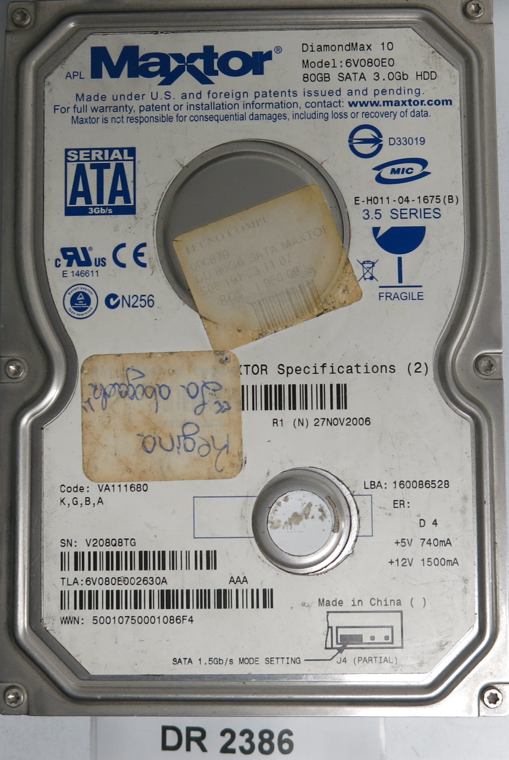 6V080E8, S/N: V208Q8TG, 3.5 80GB