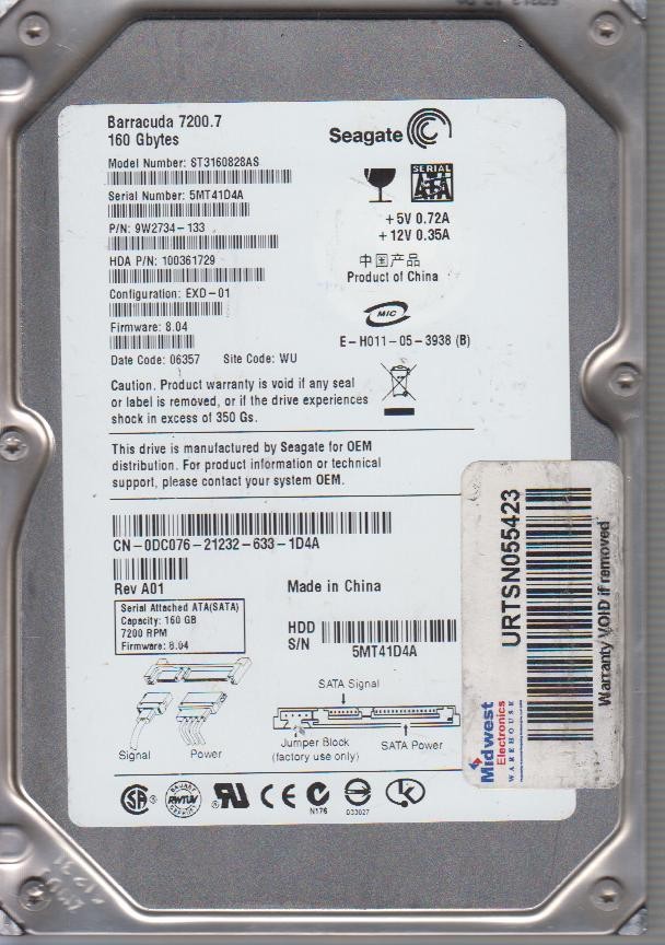 ST31160828AS,Serial:5MT41D4A,160GB 3.5