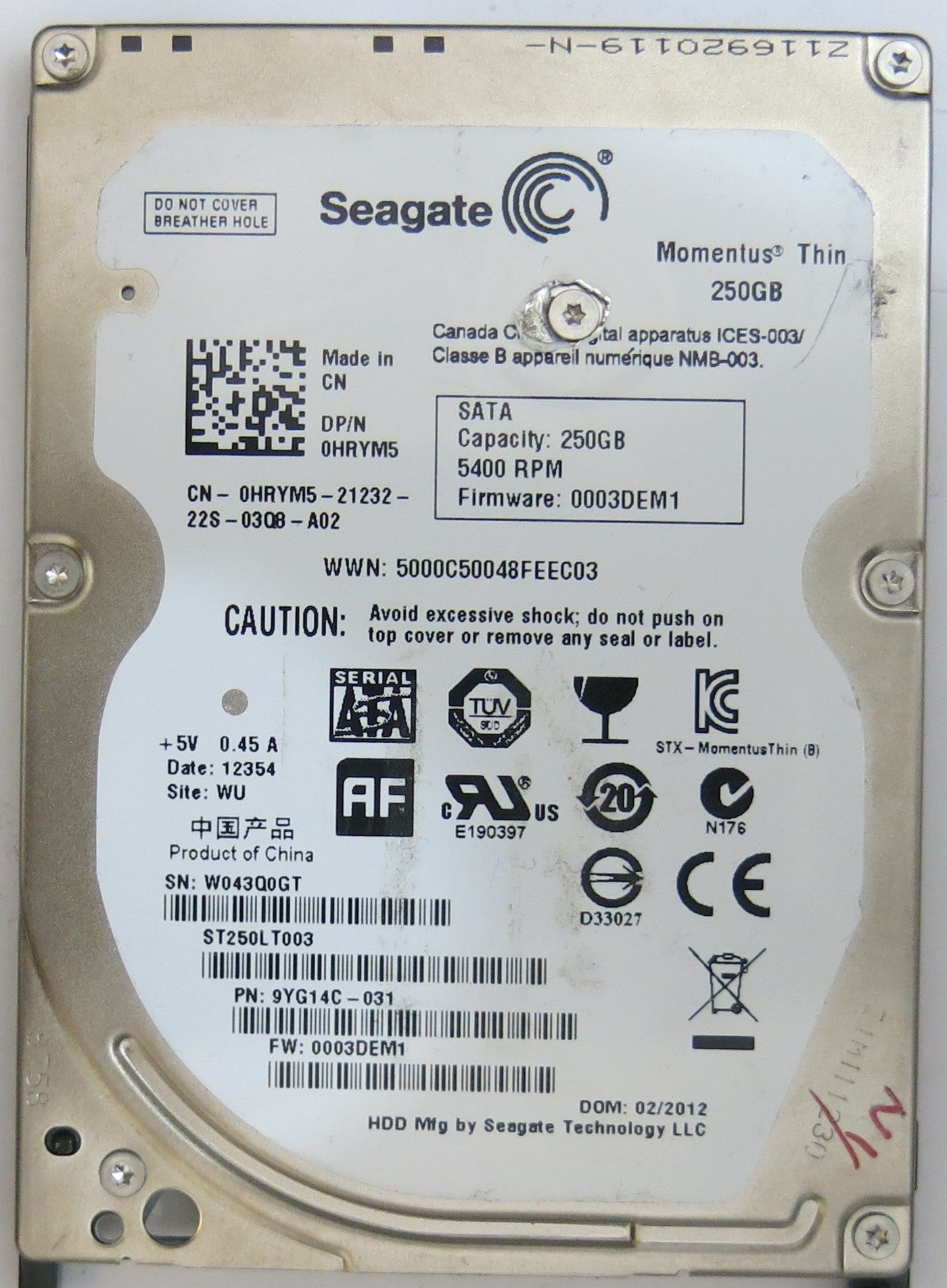 SEAGATE ST250LT003 FW 0003DEM1 100625000 REV A PCB