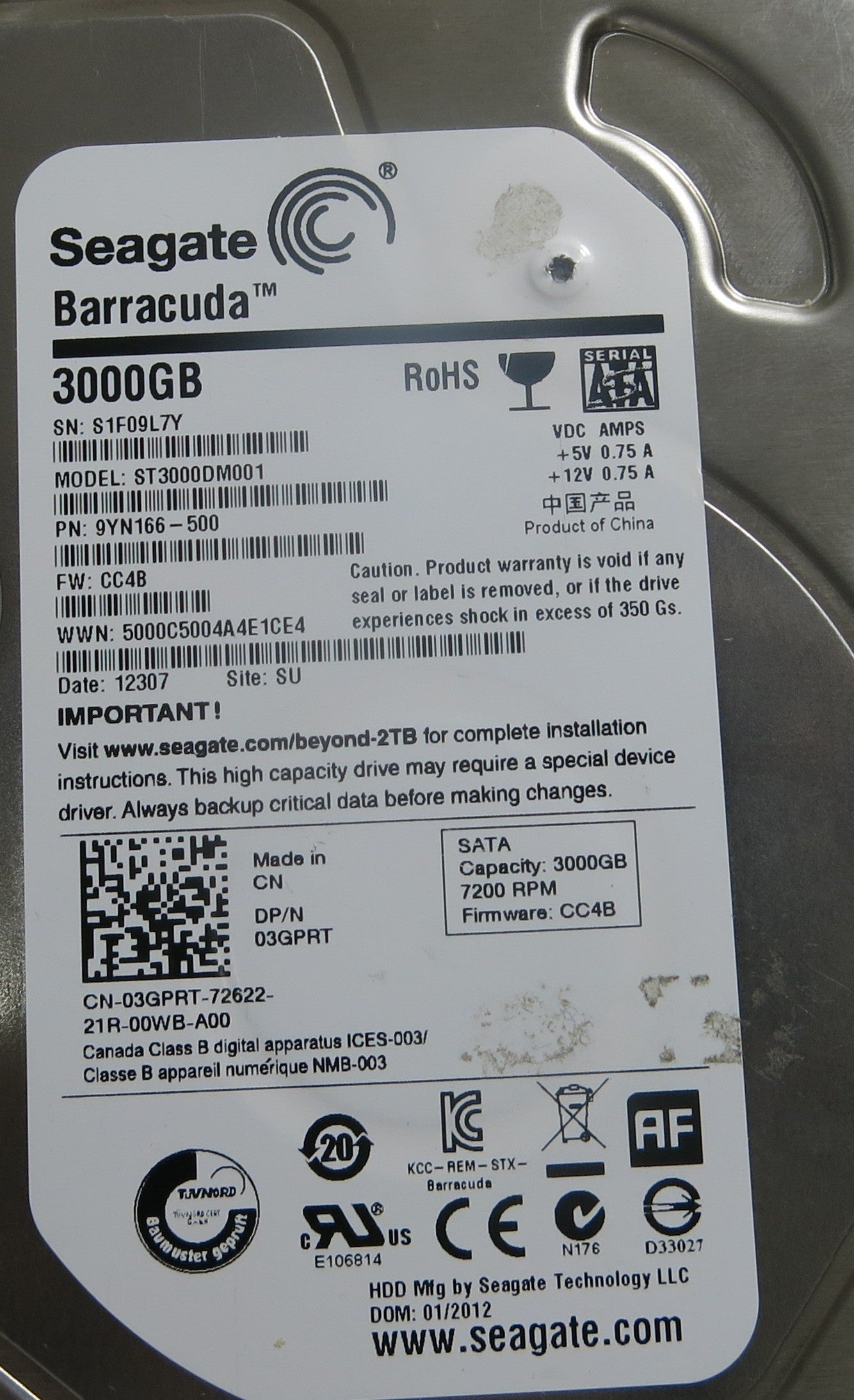 SEAGATE ST3000DM001 FW CC4B P/N 9YN166-500 100664987 REV A PCB