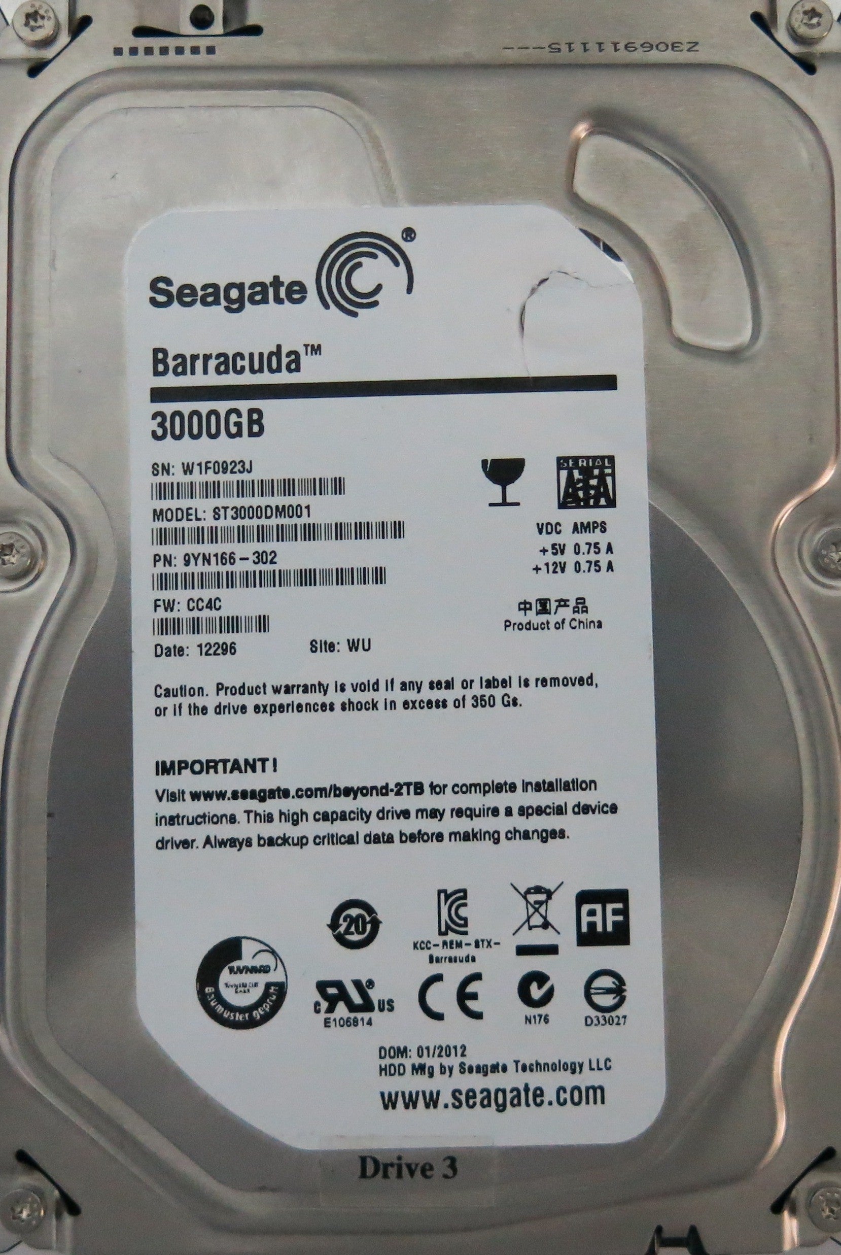 SEAGATE ST3000DM001 FW CC4C P/N 9YN166-302 FW 100664987 REV A PCB