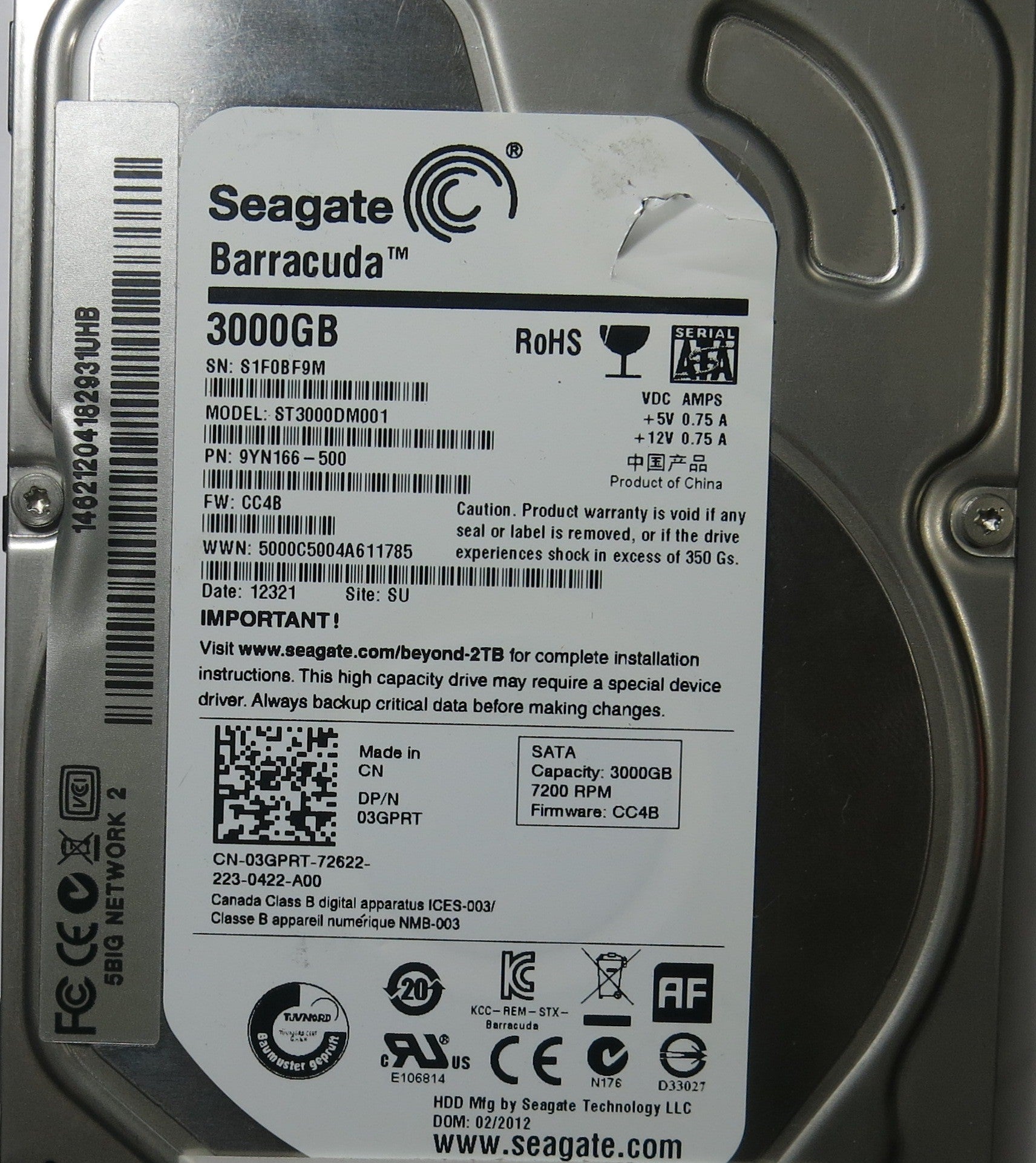 SEAGATE ST3000DM001 PN 9YN166-500 FW CC4B 100664987 REV A PCB
