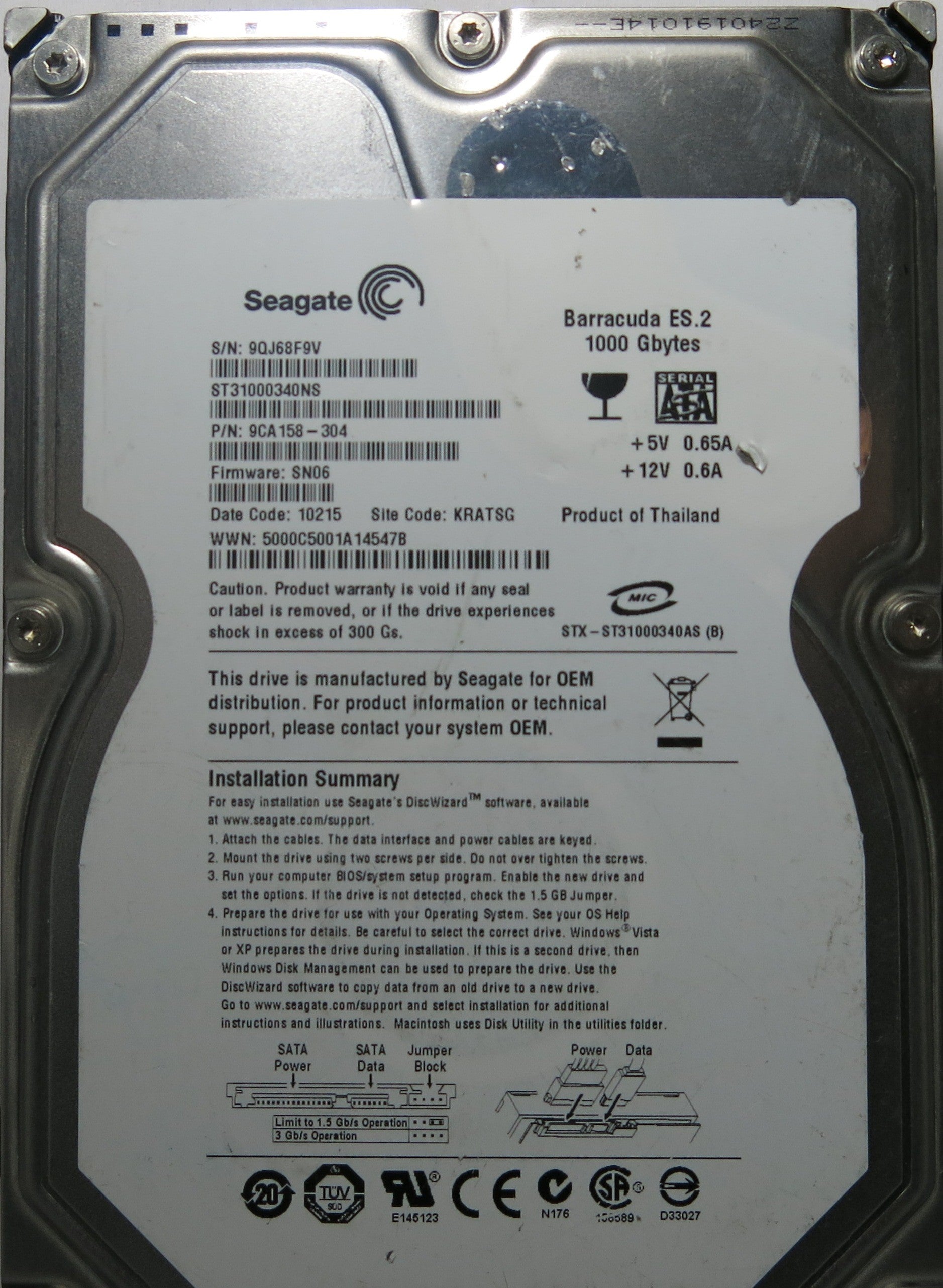 SEAGATE ST31000340NS FW SN06 P/N 9CA158-304 100466824 REV C PCB