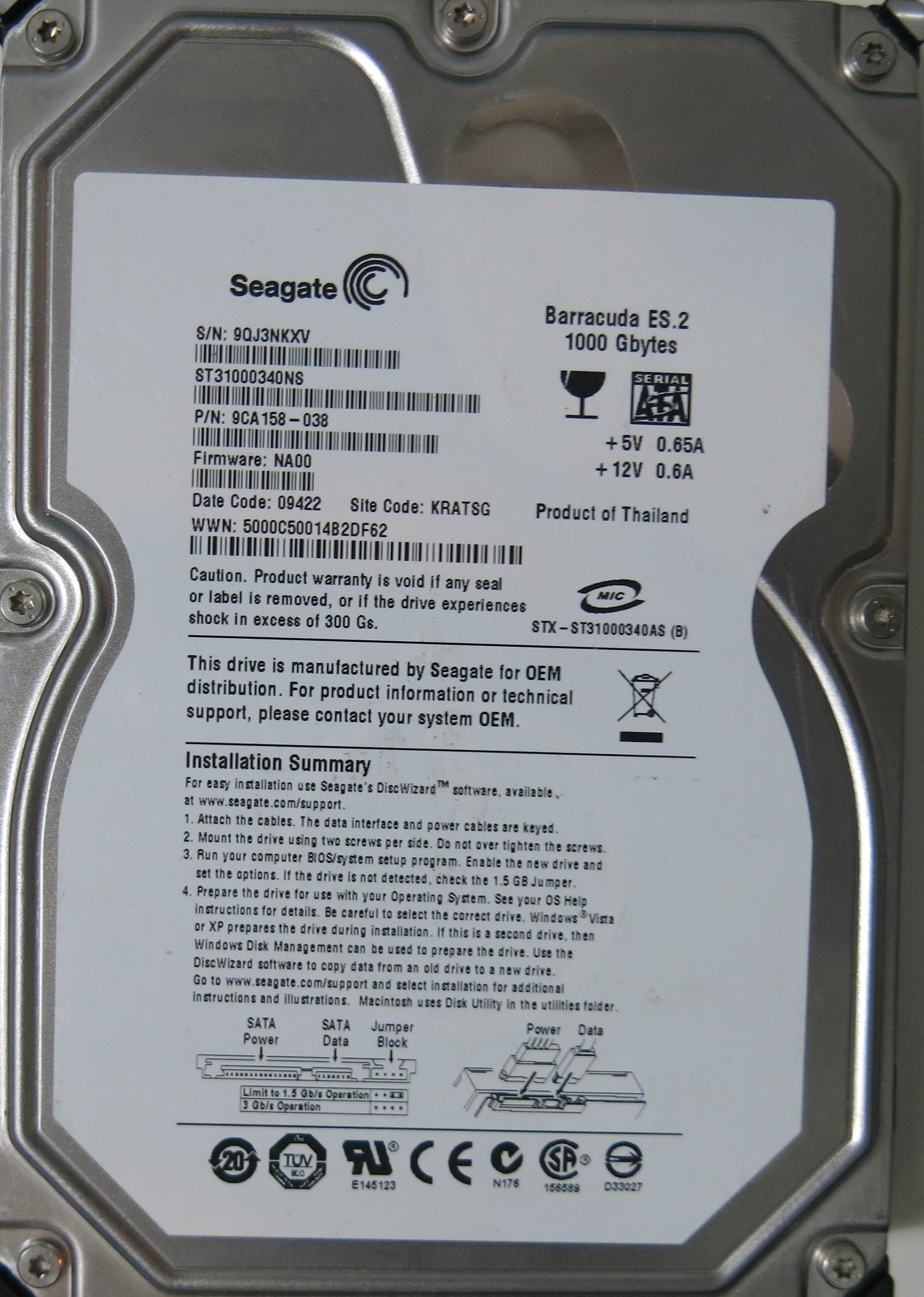 ST31000340NS,  P/N:9CA158-038,  FW:NA00,  Serial:9QJ3NKXV,  1000GB 3.5,  PCB:100466824- REV A