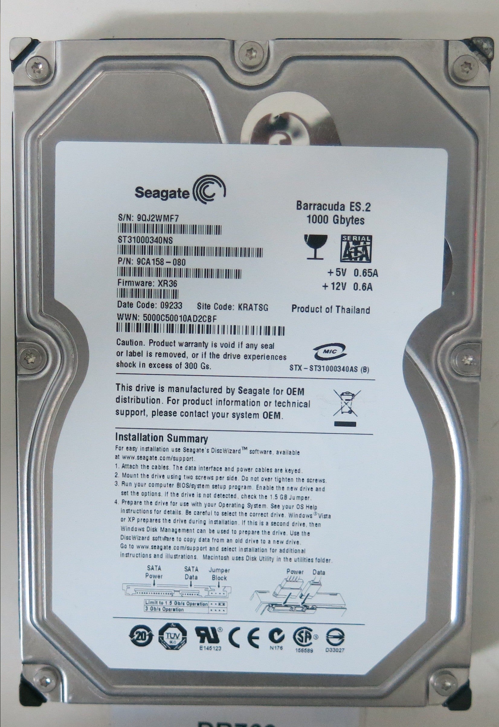 ST3100340NS,  Serial:9QJ2WMF7,  1TB 3.5,  PCB:100466824- REV C
