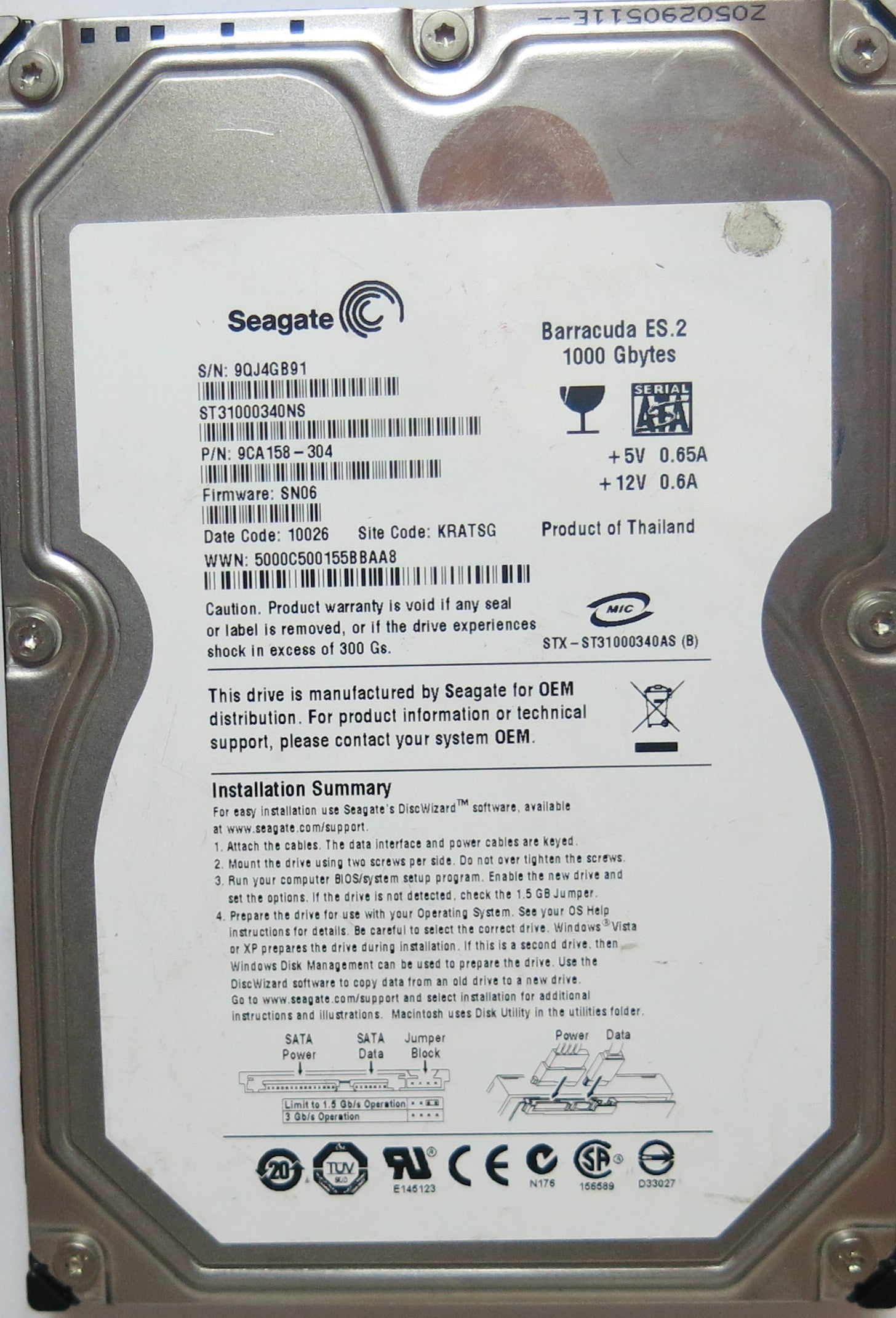 ST31000340NS PCB: 100466624 REV C SERIAL: 9QJ4GB91 PN 9CA158'304 FW SN06 1,0TB