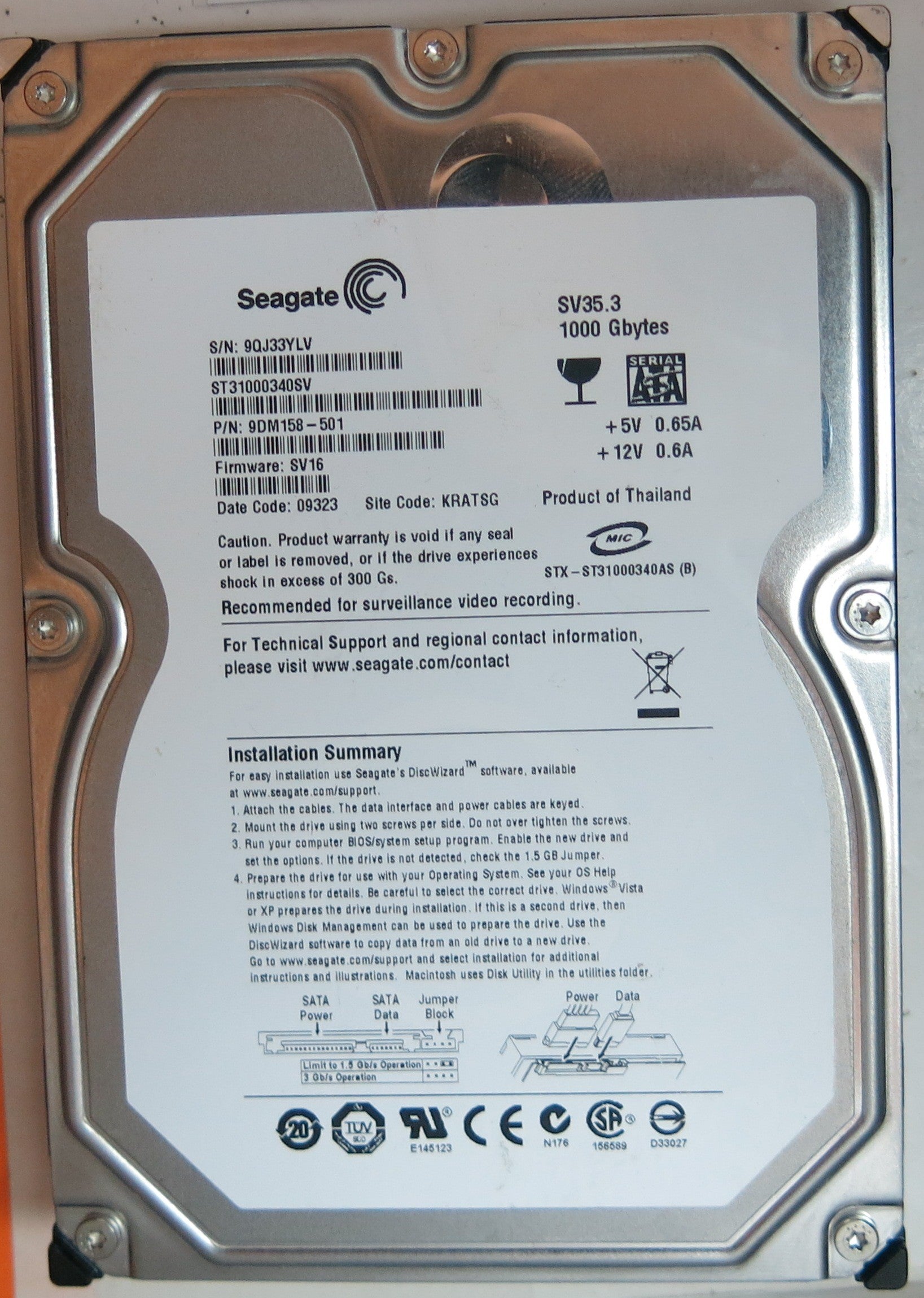 SEAGATE ST31000340SV PN 9DM158-501FW SV16 1TB