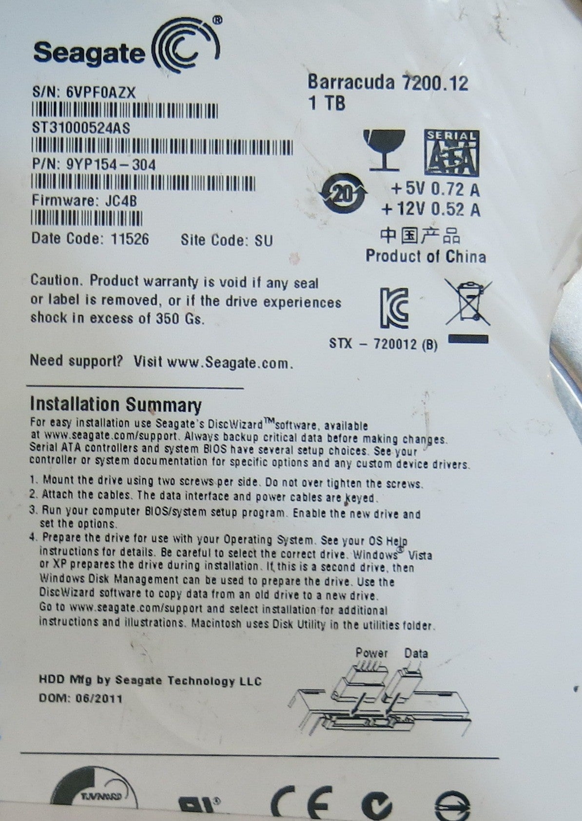SEAGATE ST31000524AS FW JC4B 100475720 REV A PCB