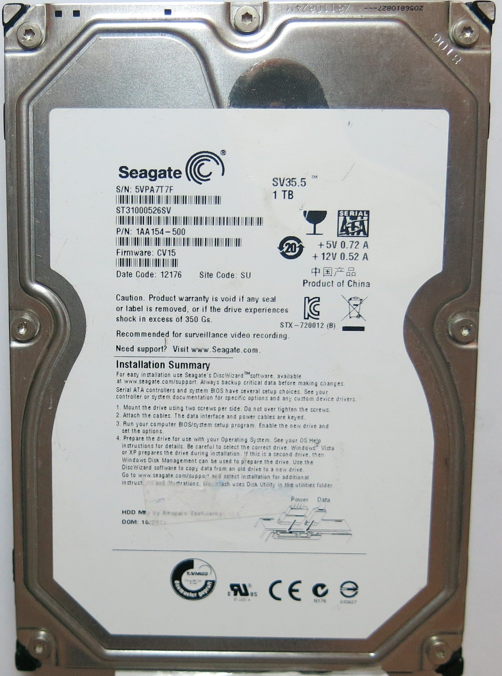 ST31000526SV PCB: 100574451 REV B SERIAL: 5VPA7T7F PN 1AA154'500 FW CV15 1,0TB