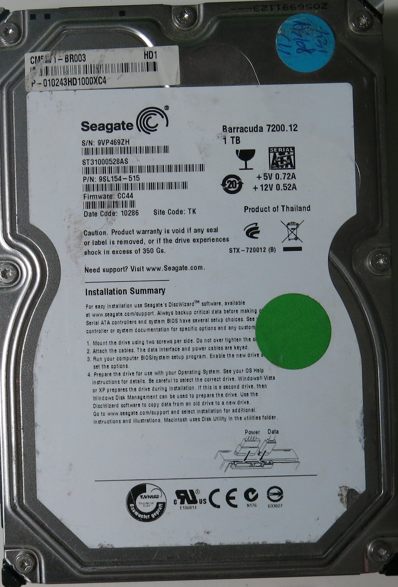 ST31000528AS PCB: 100535537 REV A SERIAL NUMBER: 9VP469ZH FW:9VP469ZH 1.0TB