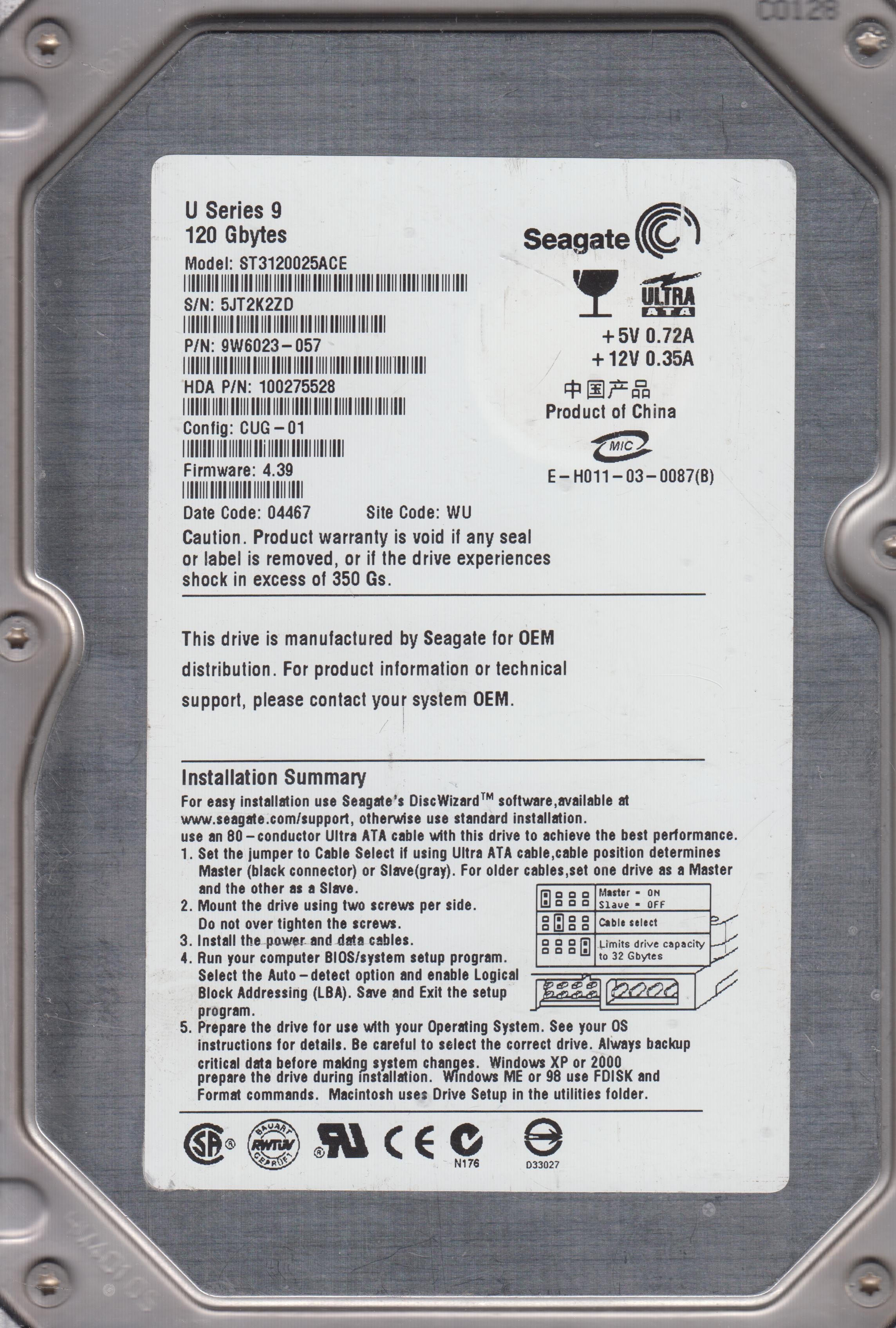 SEAGATE ST3120025ACE P/N 9W6023-057 FW 4.39 120GB 3.5"