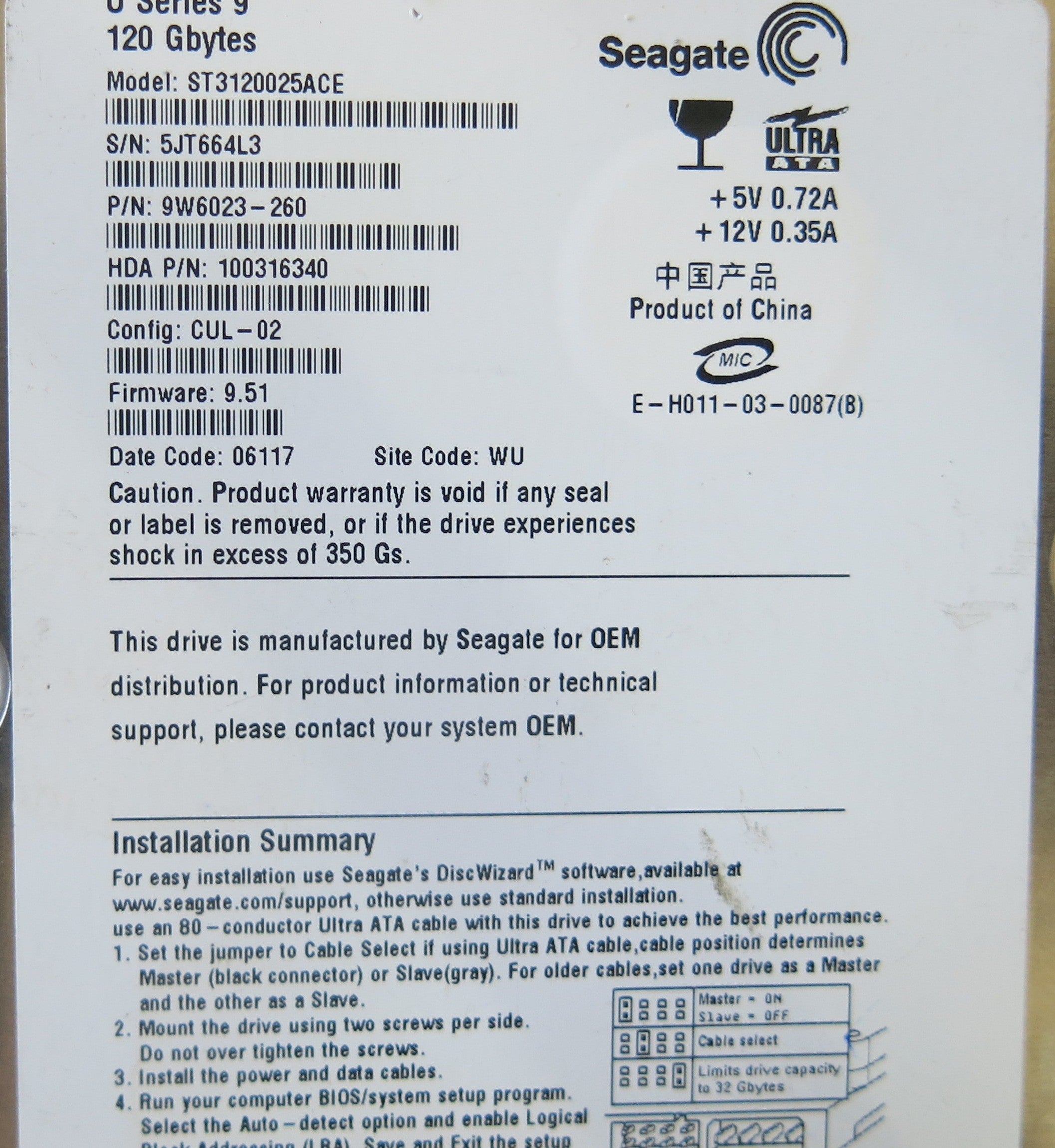 SEAGATE ST3120025ACE P/N 9W6023-260 PCB 100306042 REV A