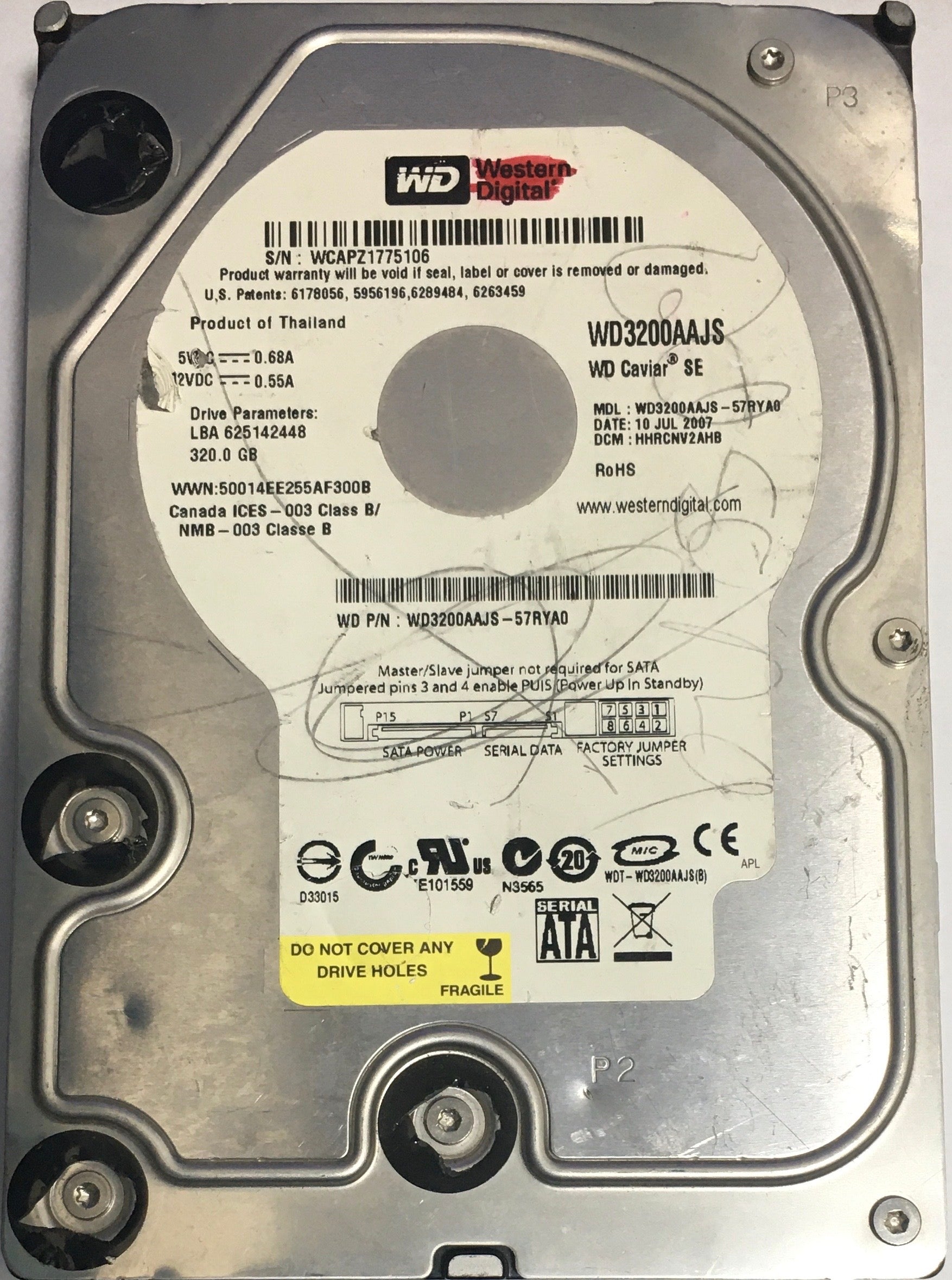 WD3200AAJS-57RYA0,  Serial:WCAPZ1775106,  320GB 3.5,  PCB:2060-701444-003- REV A