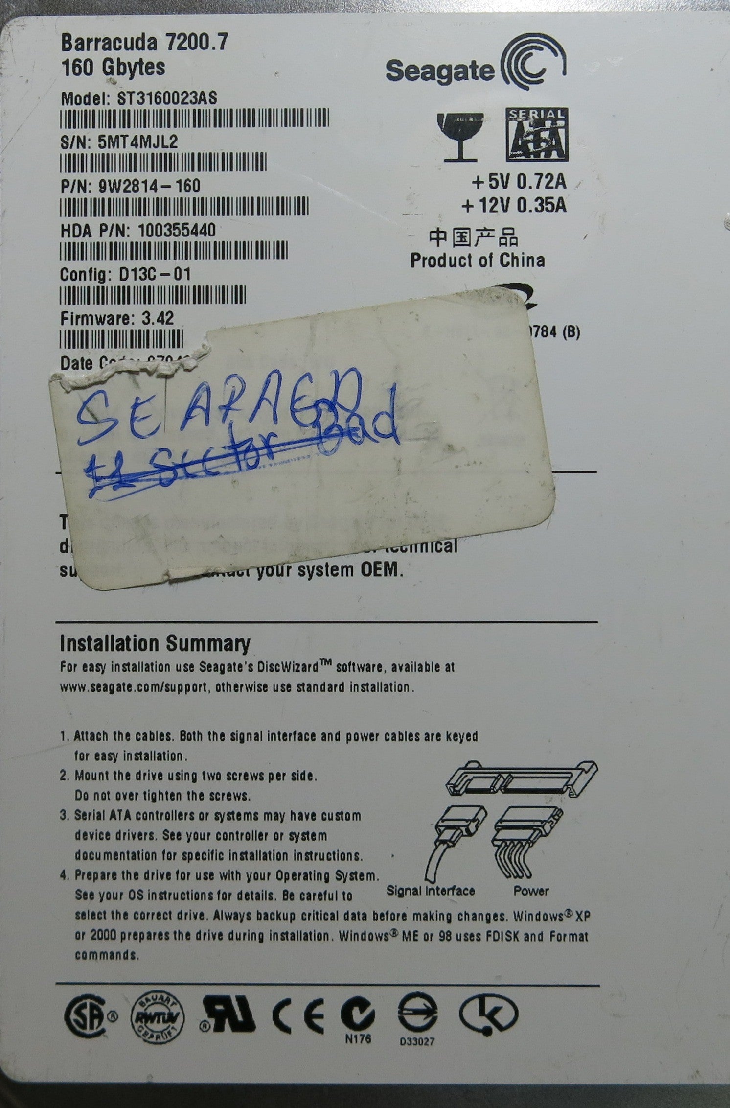 SEAGATE ST3160023AS FW 3.42 100336321 REV B PCB