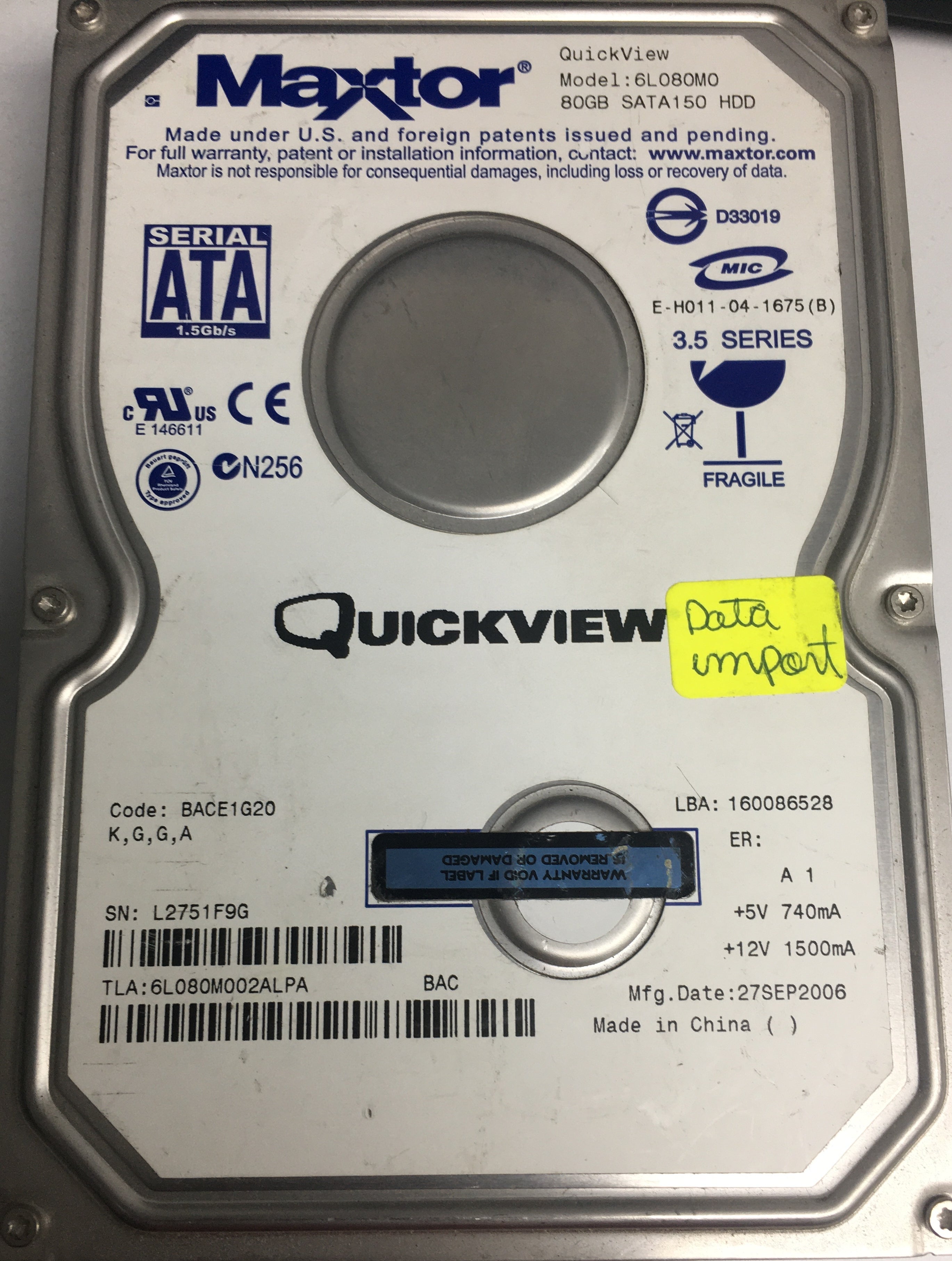 6L080M0,  Serial:L2751F9G,  80GB 3.5,  PCB:302071101- REV A