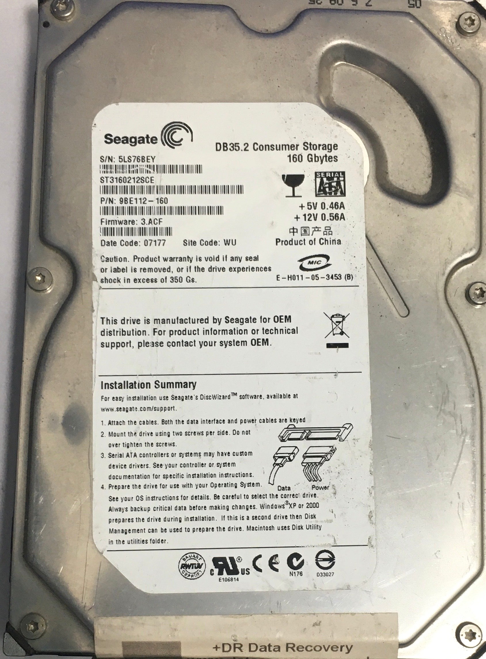 ST3160212SCE,  P/N:9BE112'160,  FW:3.ACF,  Serial:5LS76BEY,  160GB 3.5,  PCB:100355589- REV C