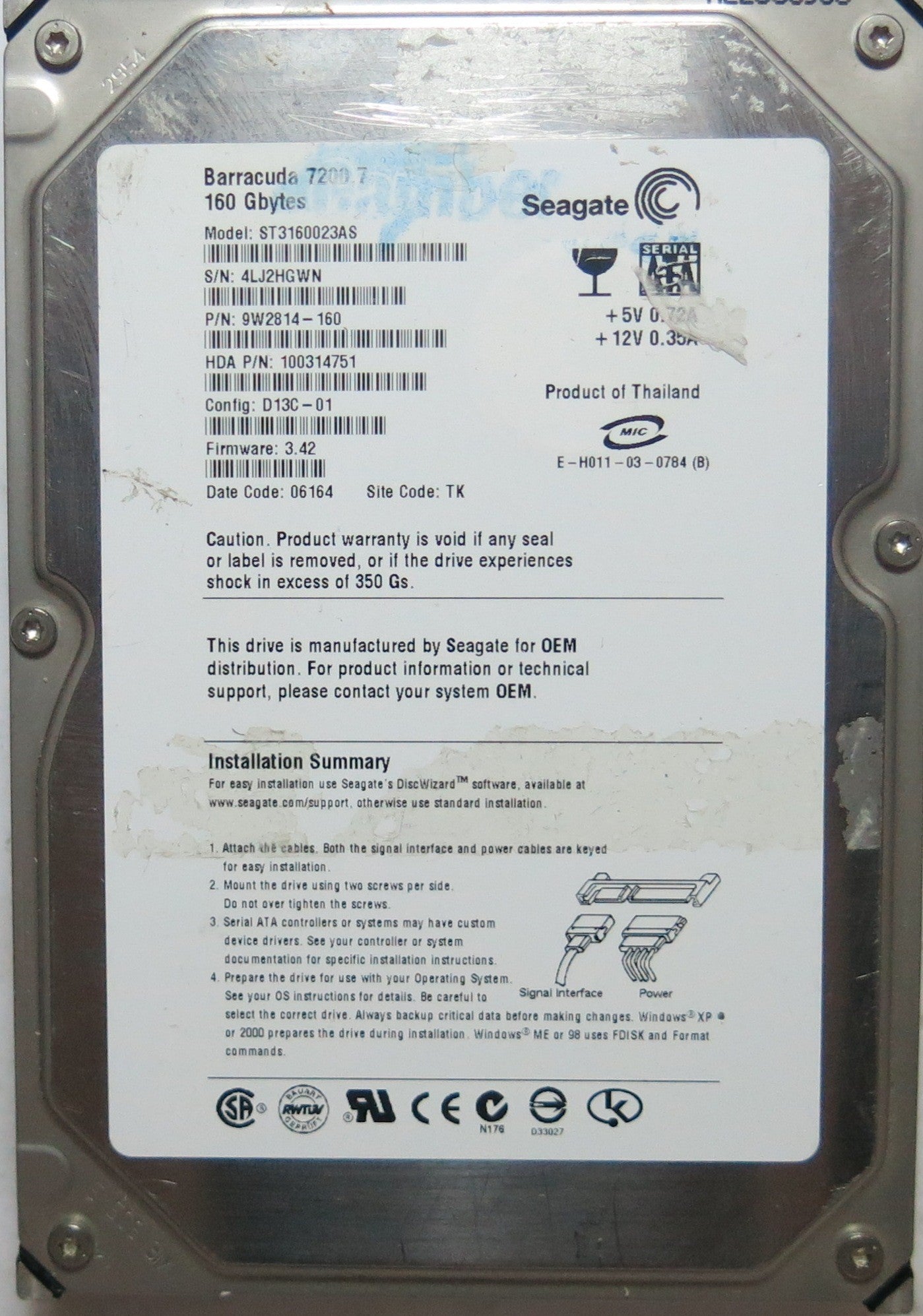 ST3160023AS PCB: 100336321 REV B SERIAL: 4LJ2HGWN PN 9W2814'160 FW 3.42 160,GB