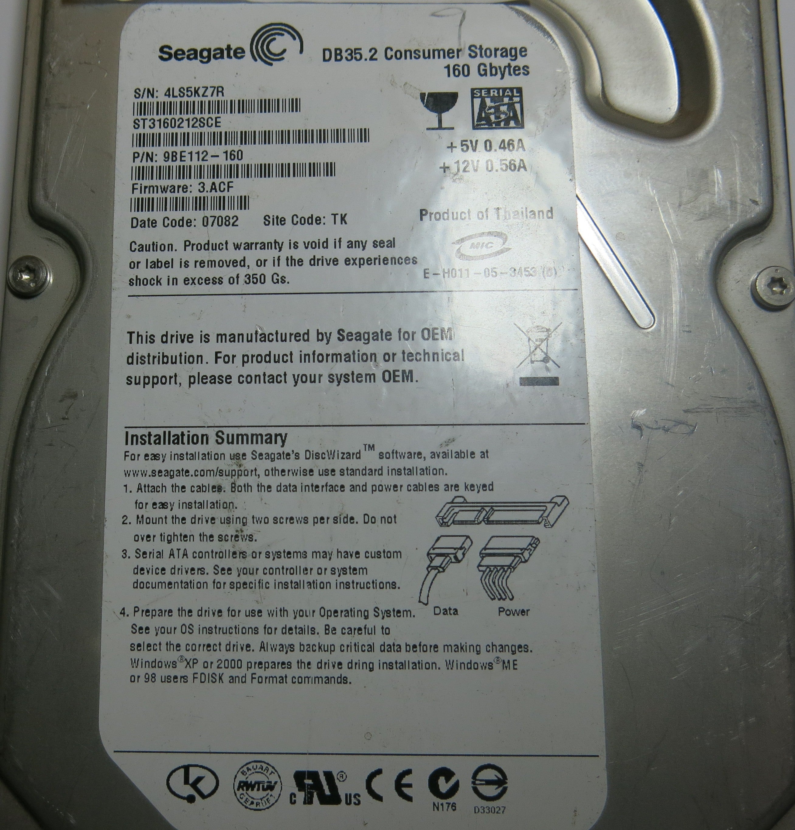 SEAGATE ST3160212SCE FW 3.ACF 100355589 REV C PCB