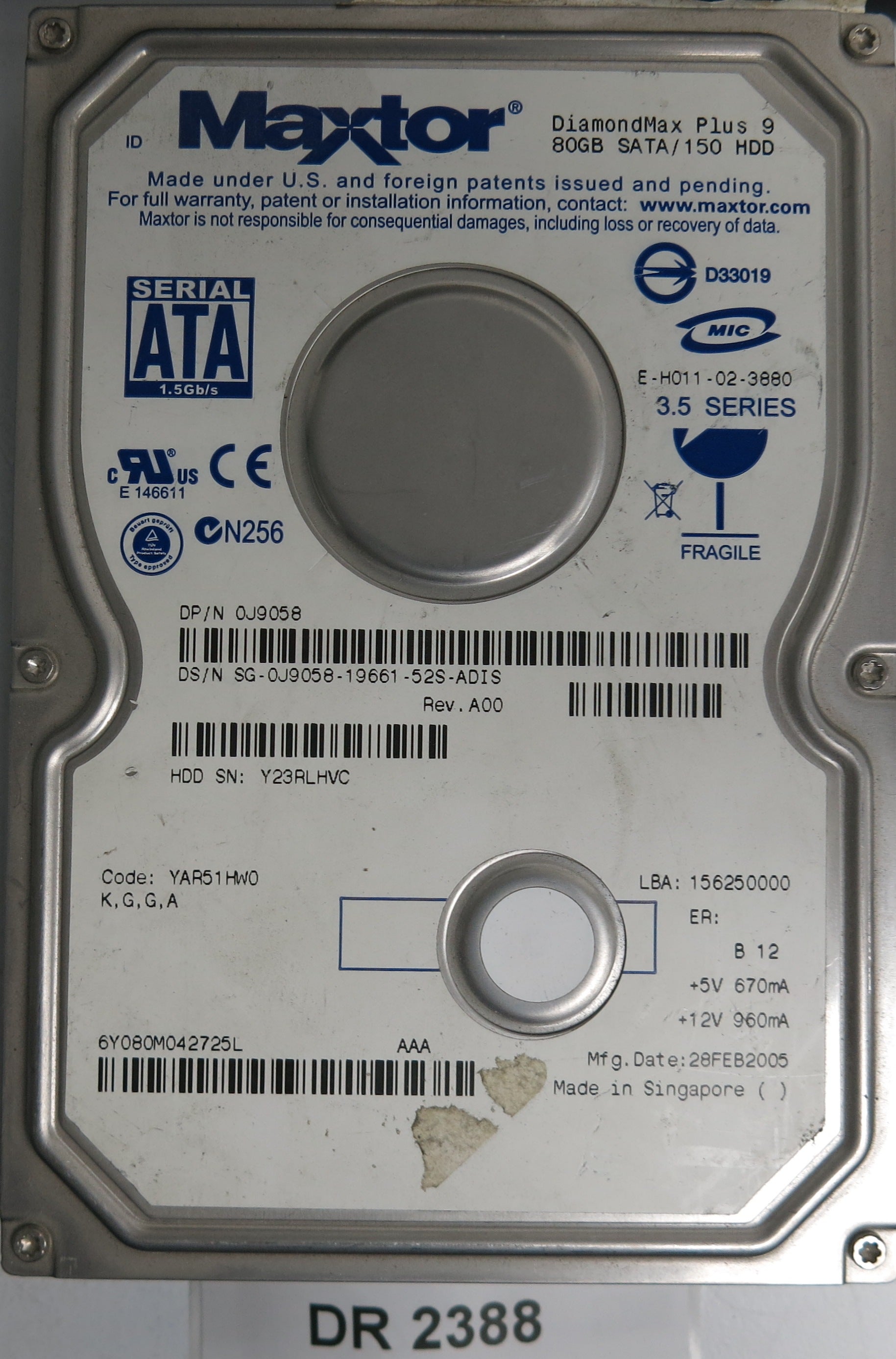 S/N: Y23RLHVC, 3.5 80GB